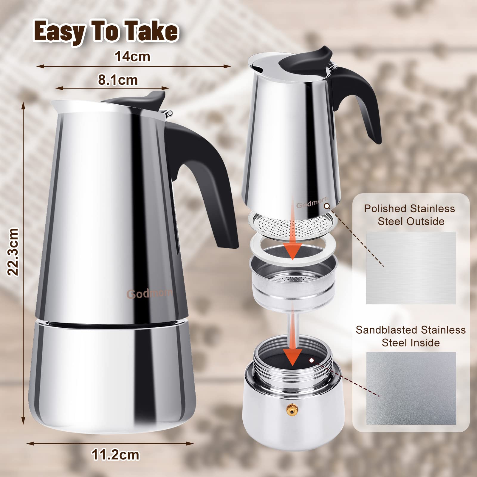 Godmorn 15oz Stovetop Espresso Maker - Italian Moka Pot Coffee Maker for Induction Cooktops, 450ml Stainless Steel Percolator (9 Cup Capacity) - Perfect for Home Brewing, Camping & Office Use