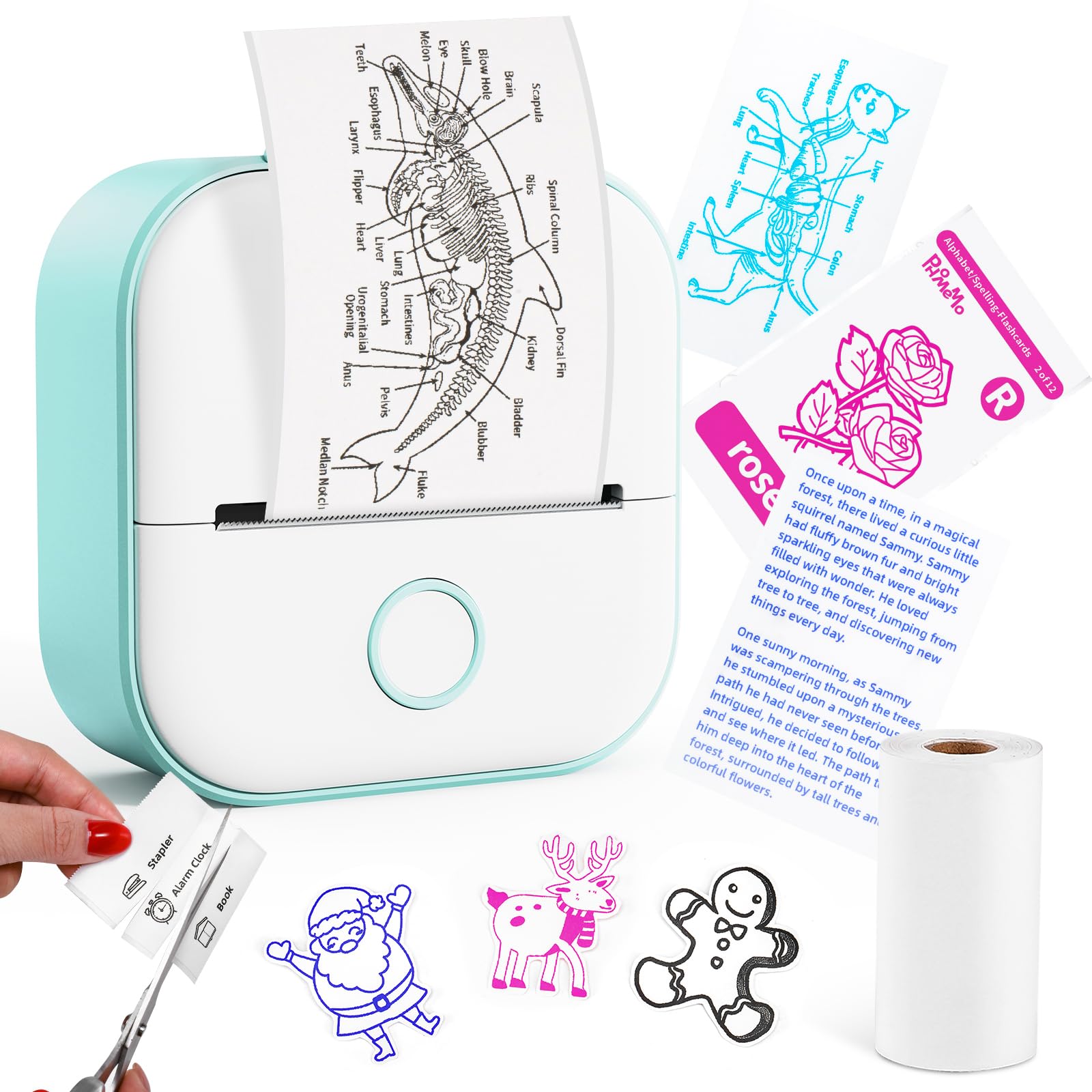 Memoking T02 Mini Thermal Sticker Printer - Portable Inkless Label Maker for Flashcards, Journals & Photos | Green Compact Sticker Machine for Students, DIY Projects & Home Organization