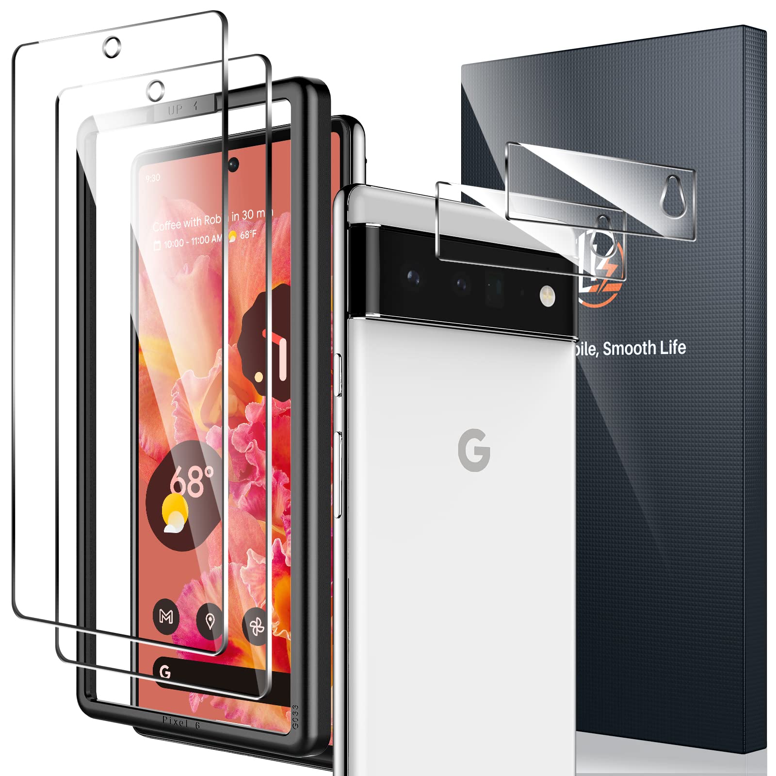 LK 2+2 Pack Google Pixel 6 Screen Protector - Tempered Glass & Camera Lens Cover, 9H Hardness Anti-Scratch for Daily Protection