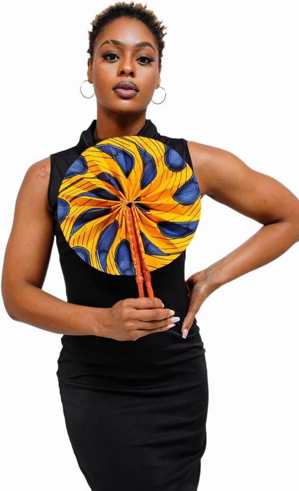 Dupsie's Khanita Foldable African Print Ankara Fan - Orange & Blue Peacock Pattern (DPPF3816) | Handheld Cooling Fan for Outdoor Events, Weddings & Cultural Celebrations