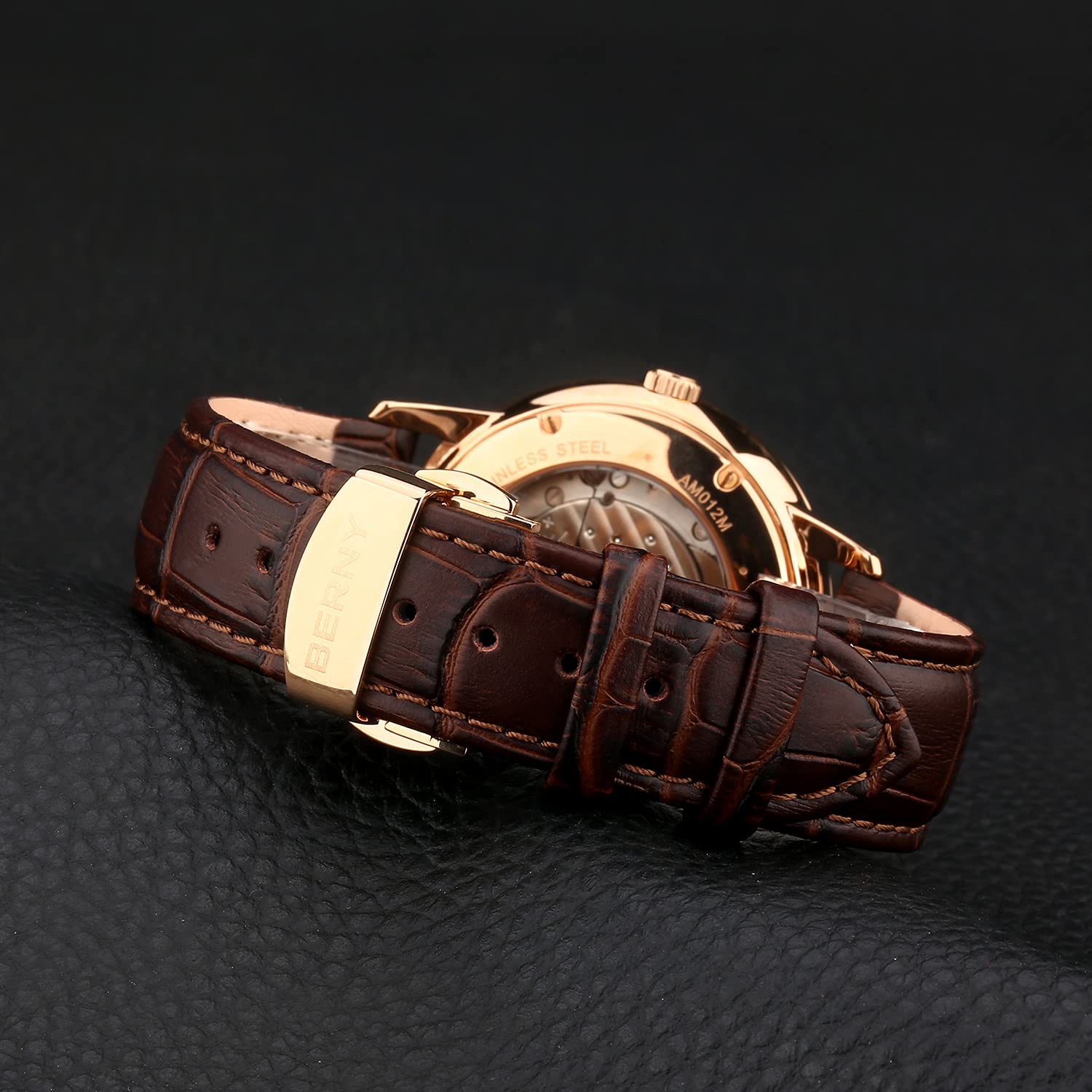 BERNY Ultra Thin Automatic Watch for Men - Minimalist Design with Genuine Leather Strap - Perfect for Business, Casual & Formal Occasions