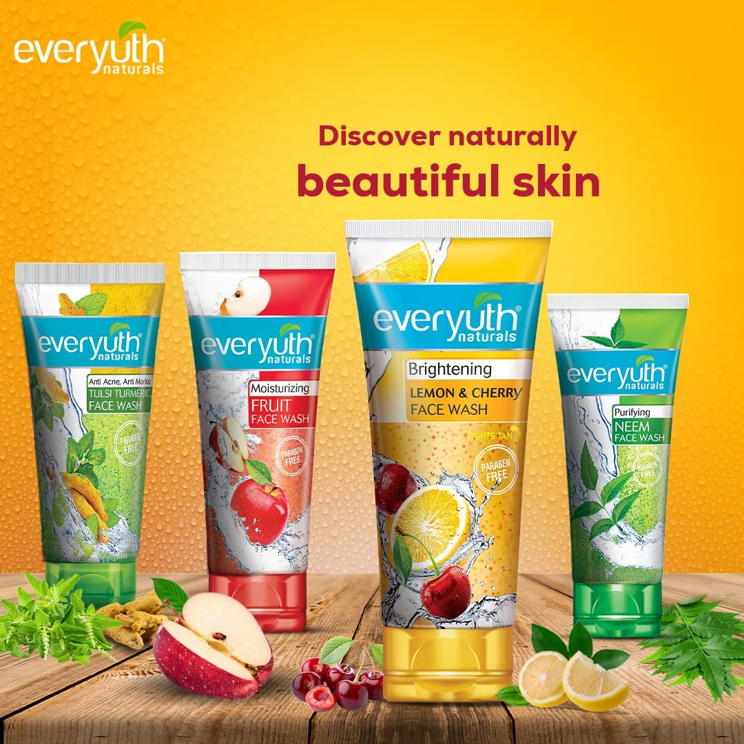 Everyuth Naturals Brightening Lemon & Cherry Face Wash - Deep Cleansing, Oil Control & Tan Reduction for All Skin Types | 100% Soapfree, Paraben Free | Removes Dirt & Oil | 150g (Pack of 2) | Perfect for Daily Skincare Routine & Summer Tan Removal