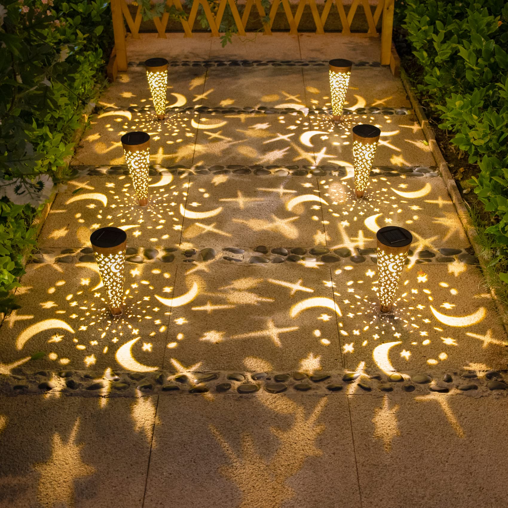 6-Pack Moon Star Solar Lights + 1 Solar Lantern Set - Waterproof Outdoor Garden Decor for Pathway, Yard, Patio & Landscape Lighting