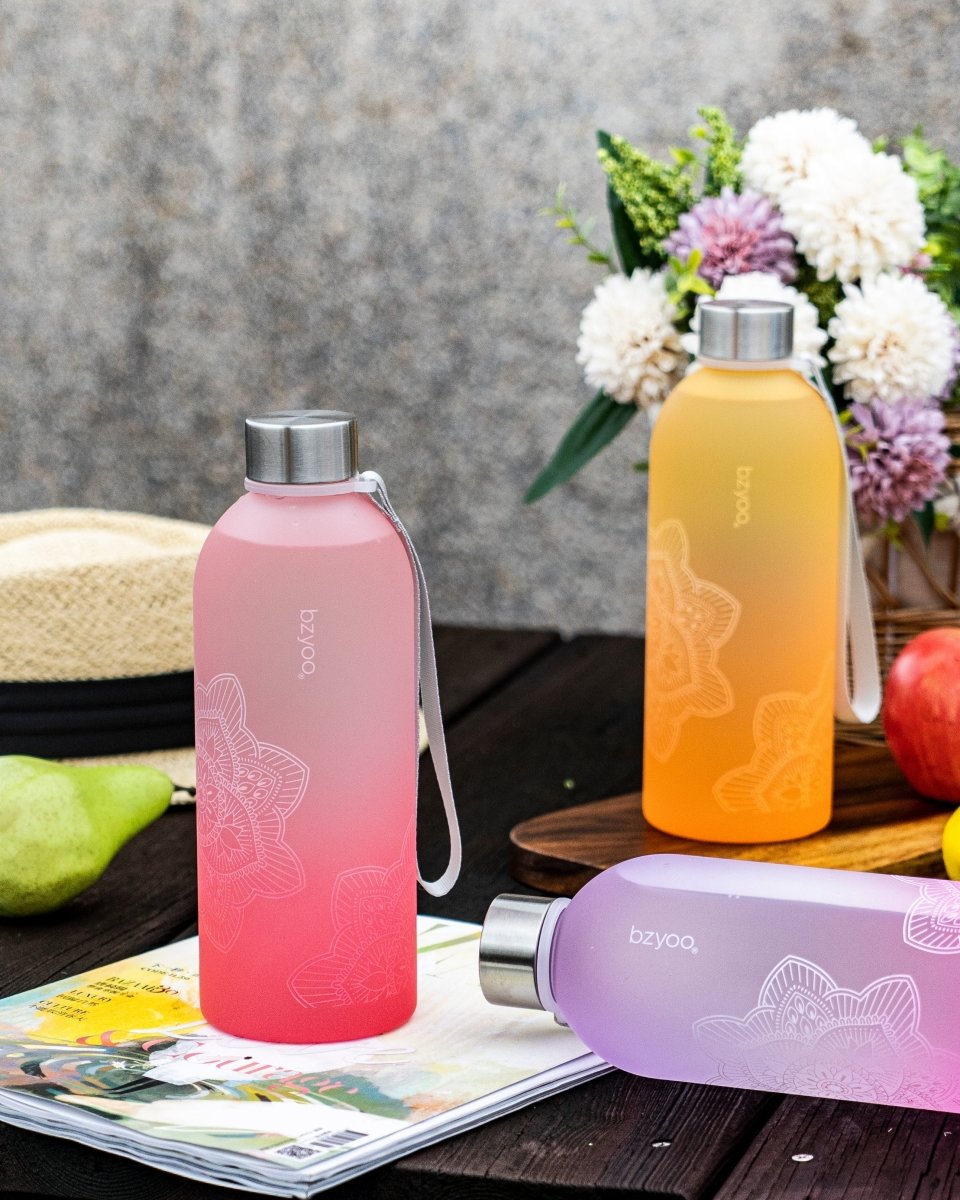 32oz La La Mandala Time Marker Tritan Water Bottle with Carrying Strap - Ombre Red | BPA-Free Leakproof Water Container for Gym, Yoga, Hiking & Outdoor Activities | Motivational Hydration Tracking Bottle for Fitness Enthusiasts