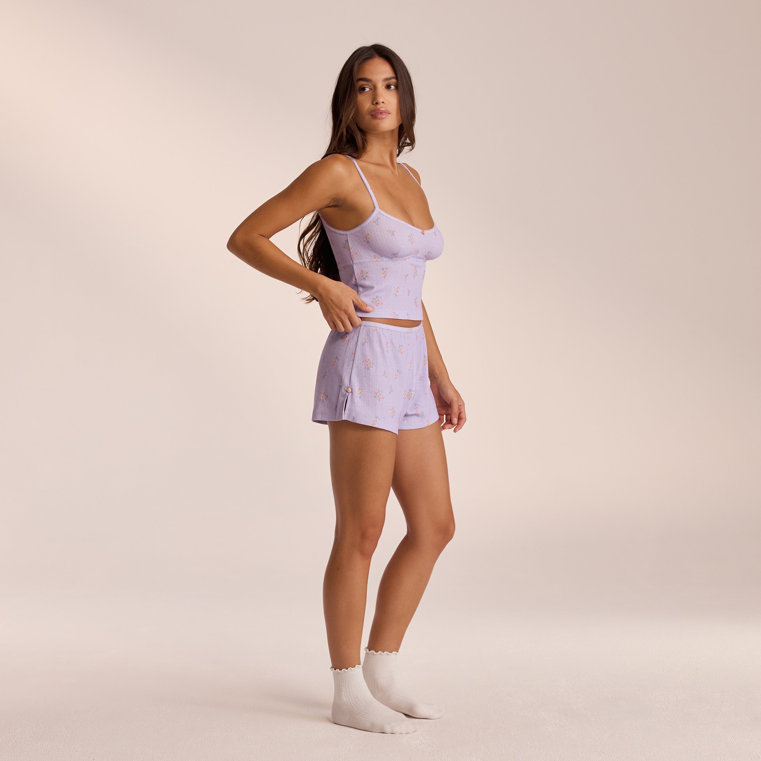 Lilac Floral Pointelle Pajama Shorts for Women - Soft & Breathable Sleepwear for Summer Nights, Lounge Wear, and Relaxing at Home