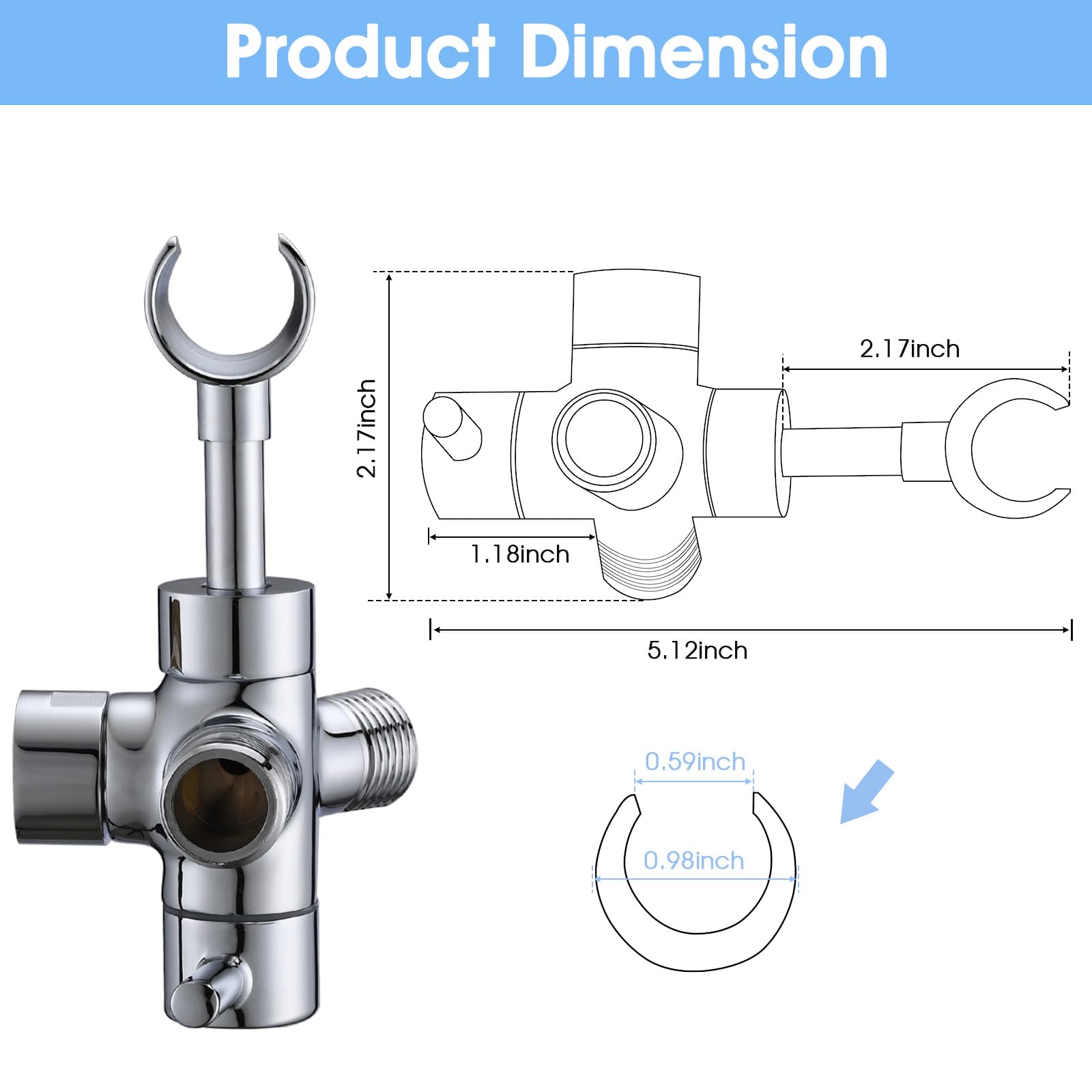 **PDPBath 3-Way Shower Arm Diverter with Handheld Holder - Universal G1/2 Brass Shower Valve for Hand Shower Hose & Extension Arm - Chrome Finish - Perfect for Bathroom Upgrades & Spa-Like Showers**