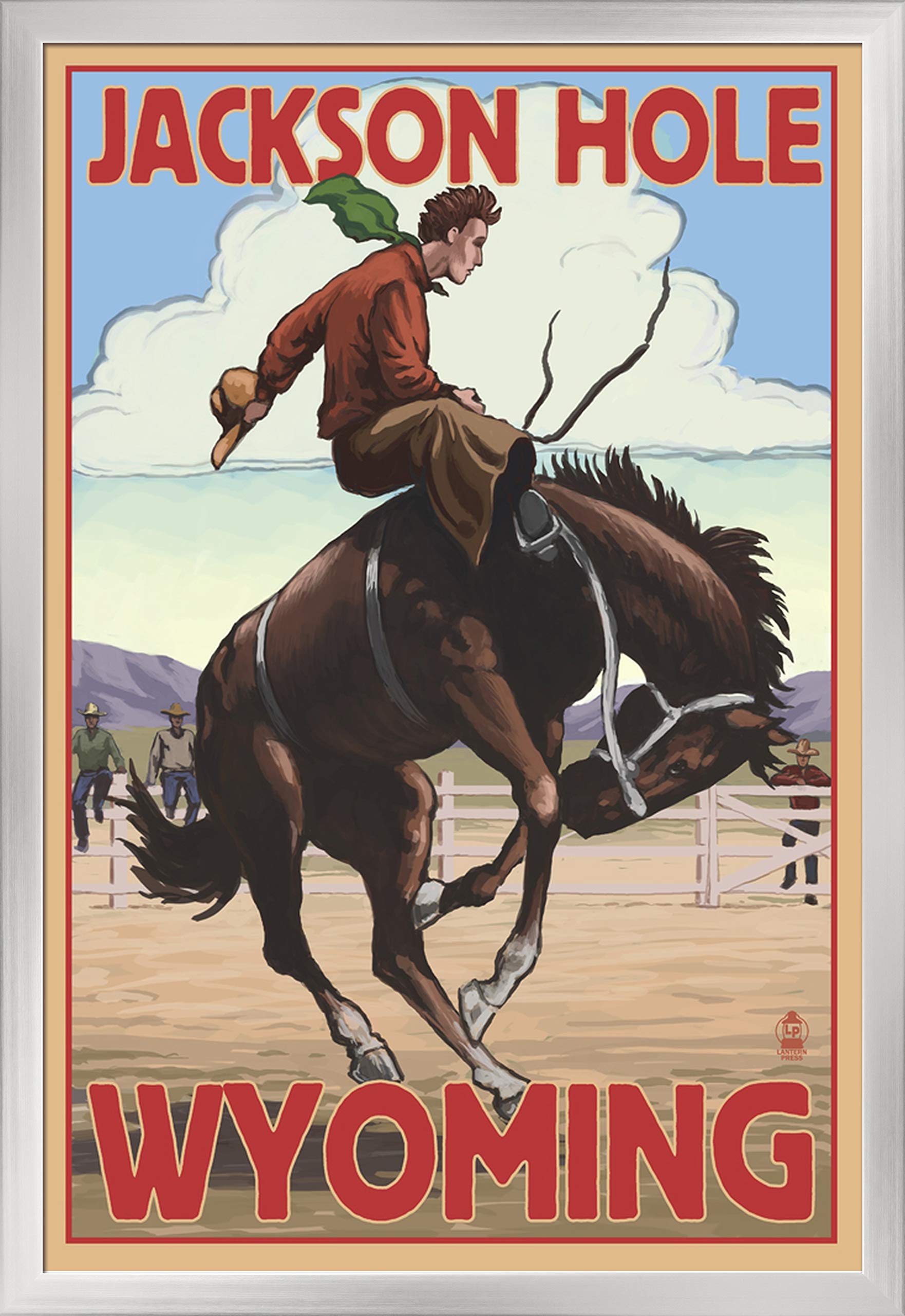 Jackson Hole Wyoming Bucking Bronco 24x36 Giclee Art Print - Silver Wood Gallery Framed Western Wall Decor for Living Room, Office & Ranch Style Homes