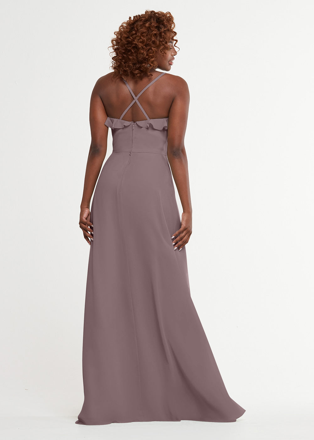 Elegant 80174 Chiffon A-Line Bridesmaid Dress with Ruffles & High Slit - Perfect for Weddings, Formal Events & Prom - Plus Size Options Available