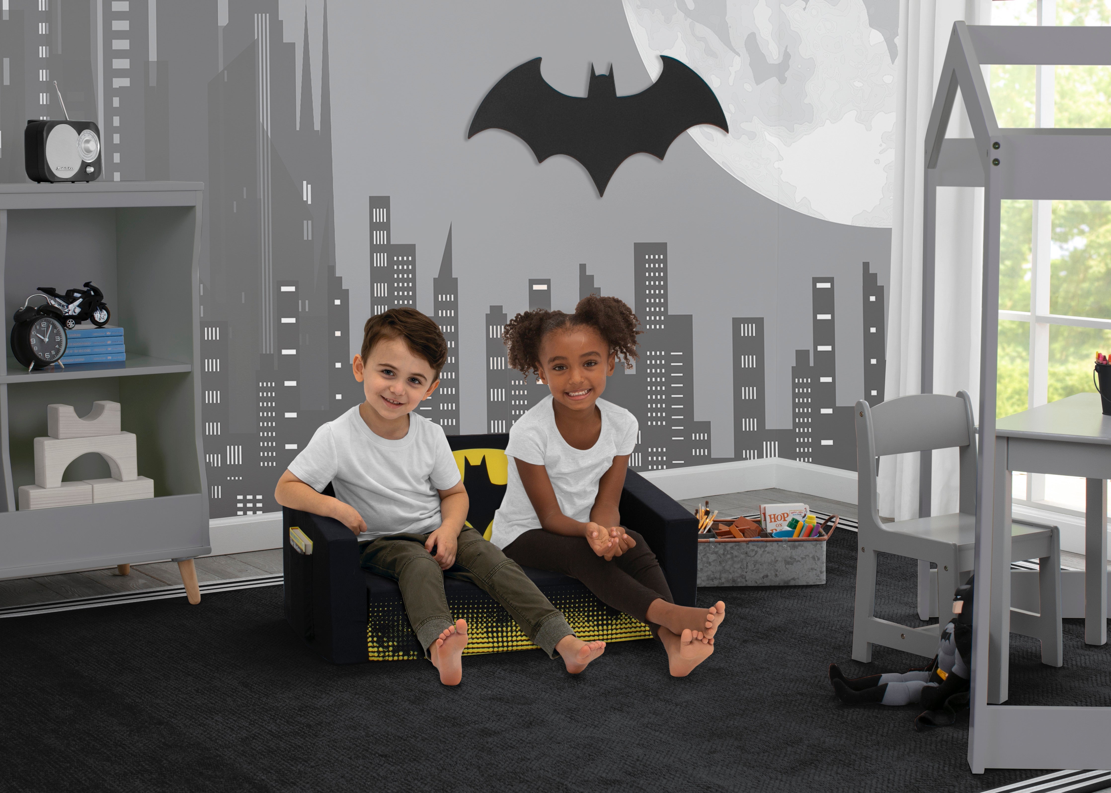 Batman Cozee Flip Out Sofa - 2 in 1 Convertible Kids Sofa to Lounger Bed | Superhero Themed Playroom Furniture for Boys & Girls | Perfect for Movie Nights, Gaming & Sleepovers