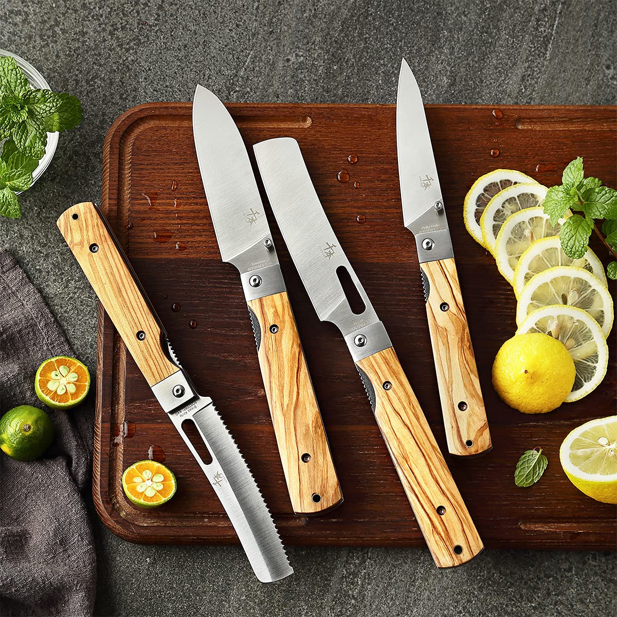 Premium 4-Piece Japanese Chef Knife Set - 440A Stainless Steel, Sharp Folding Pocket Knives with Natural Olive Wood Handle - Ideal for Home Cooking, Camping & Outdoor Adventures