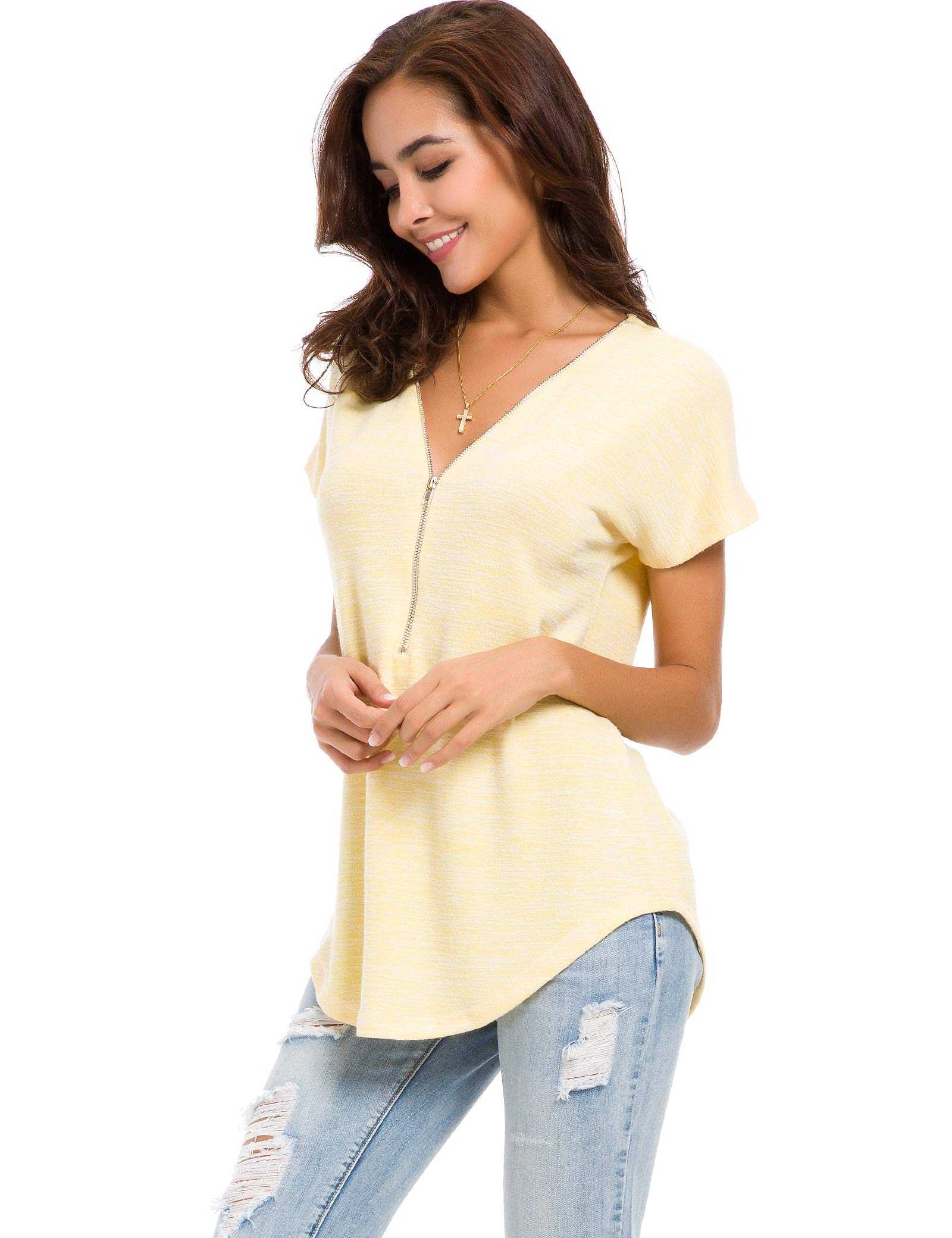 LUSMAY Women's Casual V-Neck Tunic Top with Zipper Detail - Loose Fit Short Sleeve Blouse for Summer | Perfect for Work, Travel & Everyday Wear