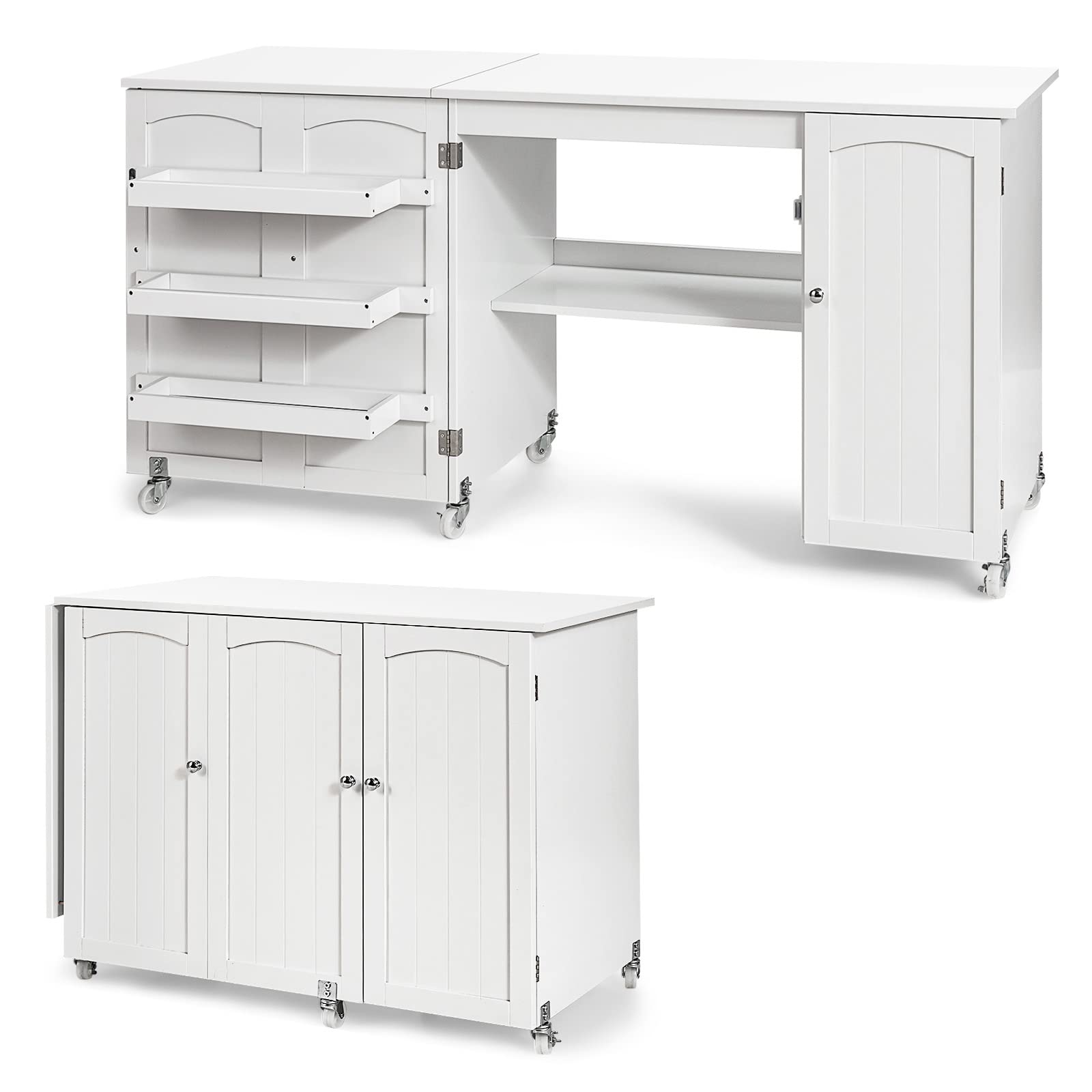 Giantex Folding Sewing Craft Table with 3 Storage Bins & Side Cabinet - Adjustable Rolling Sewing Machine Desk with Lockable Wheels & Interior Shelf - Perfect for Small Spaces, Apartments & Craft Rooms - White