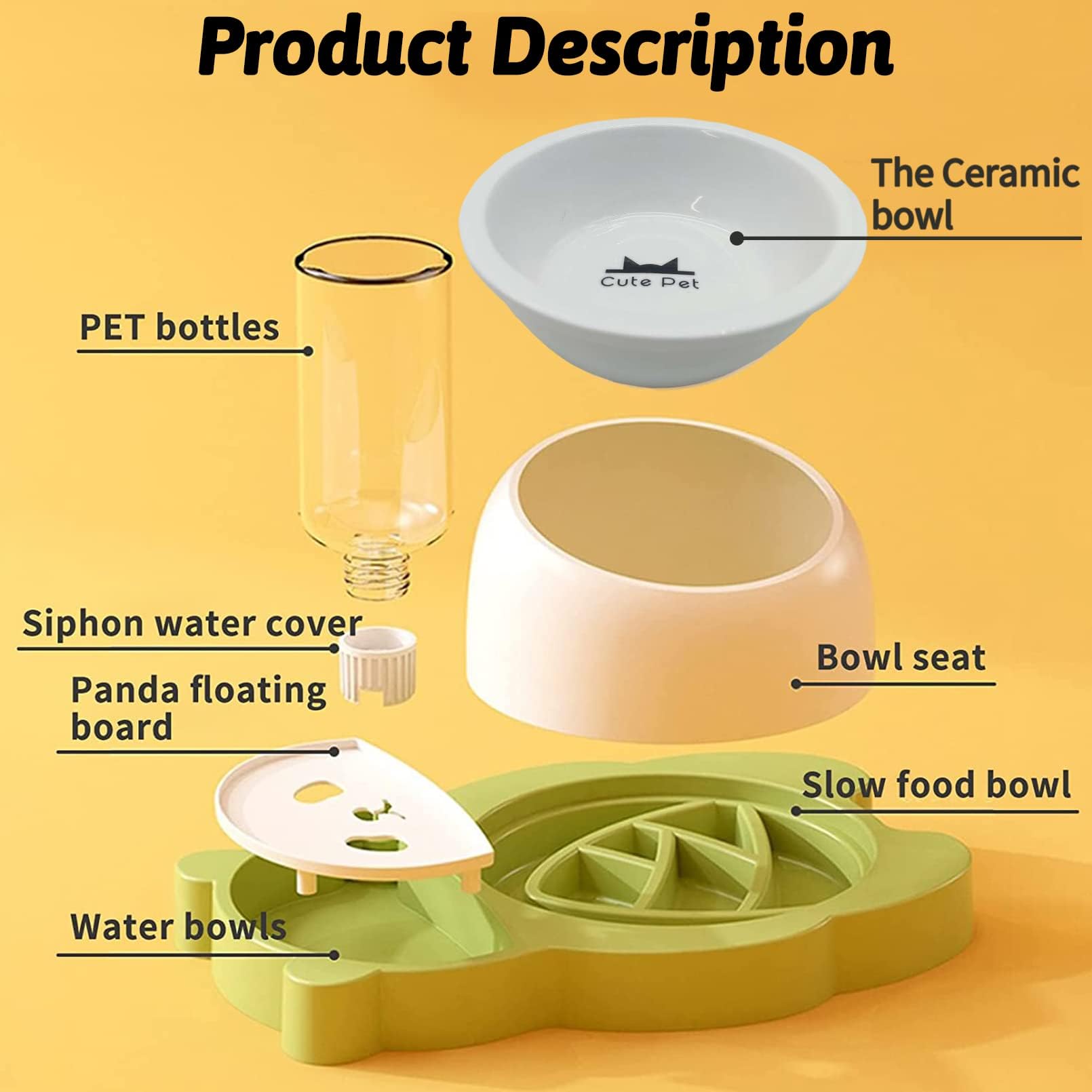Kathson Elevated Double Dog & Cat Bowl Set - Tilted Raised Ceramic Pet Food & Water Dishes with No-Spill Automatic Water Dispenser - 5-in-1 Function for Cats & Small Dogs (Green) - Perfect for Home, Kitchen & Pet Feeding Stations