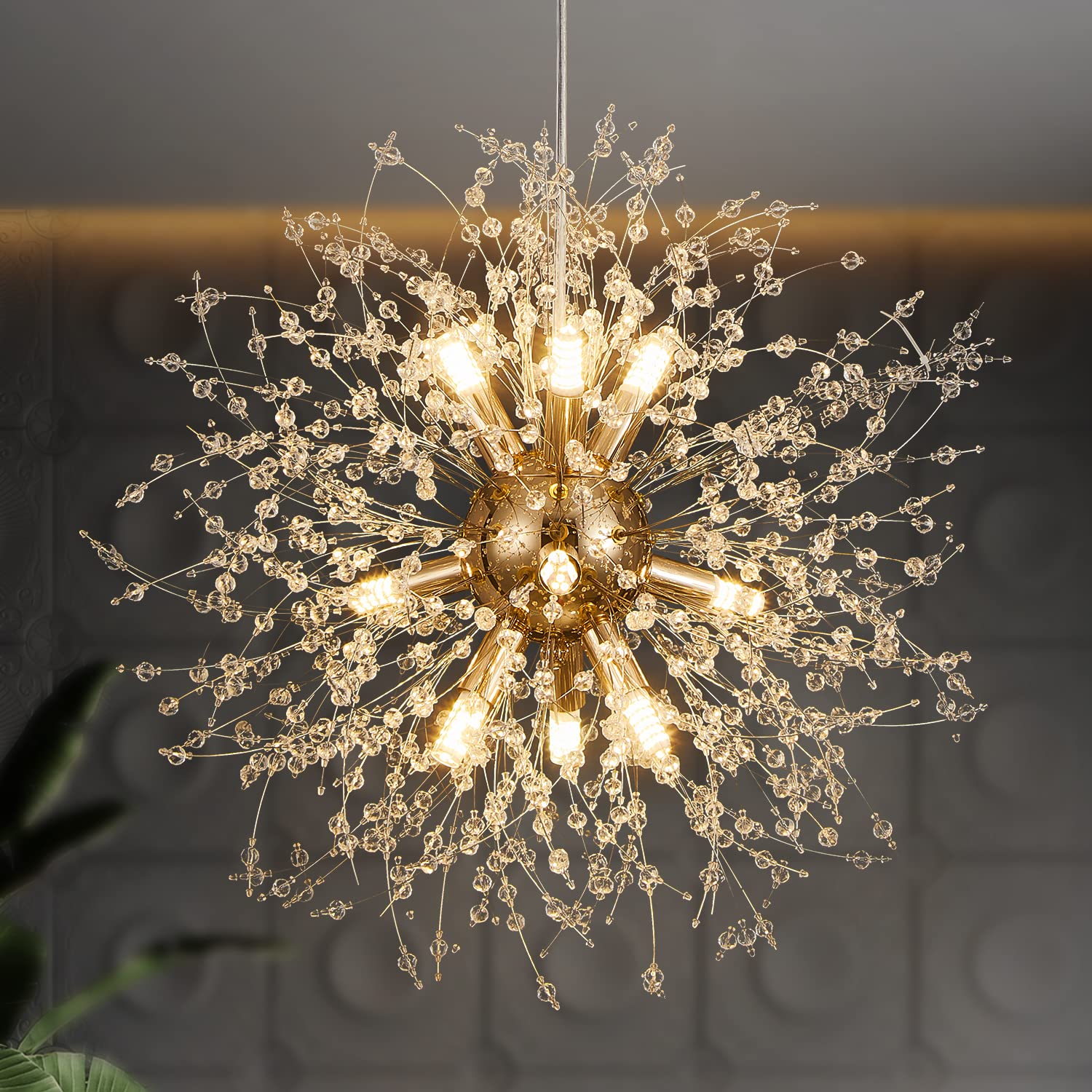 Modern Gold Crystal Chandelier - 9-Light Semi-Flush Mount Ceiling Fixture with Dandelion Firework Design for Dining Room, Living Room, Kitchen & Hallway - G9 Bulb Sockets - Perfect for Home Decor, Wedding Venues and Luxury Interior Lighting