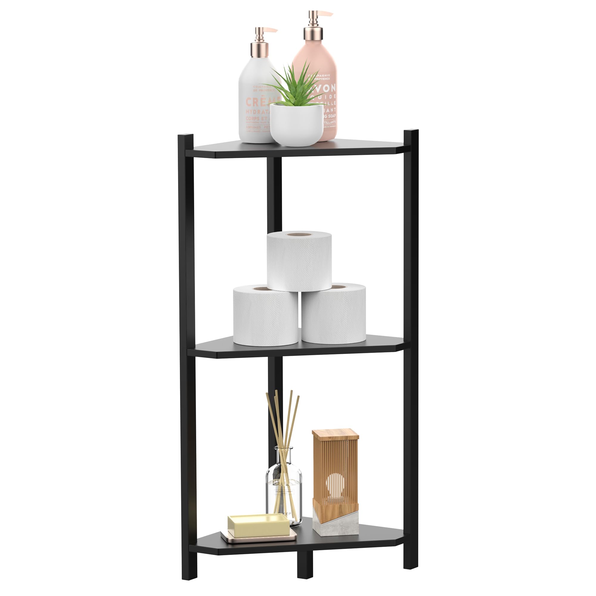Wisuce 3-Tier Bamboo Corner Shelf Stand - Space-Saving Storage for Office, Kitchen, Bedroom & Living Room - Perfect for Books, Plants & Home Decor (Black) - Ideal for Small Spaces & Apartment Organization