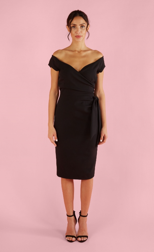 Elegant Black Off The Shoulder Pencil Dress by Hourglass - Perfect for Cocktail Parties, Date Nights & Formal Events