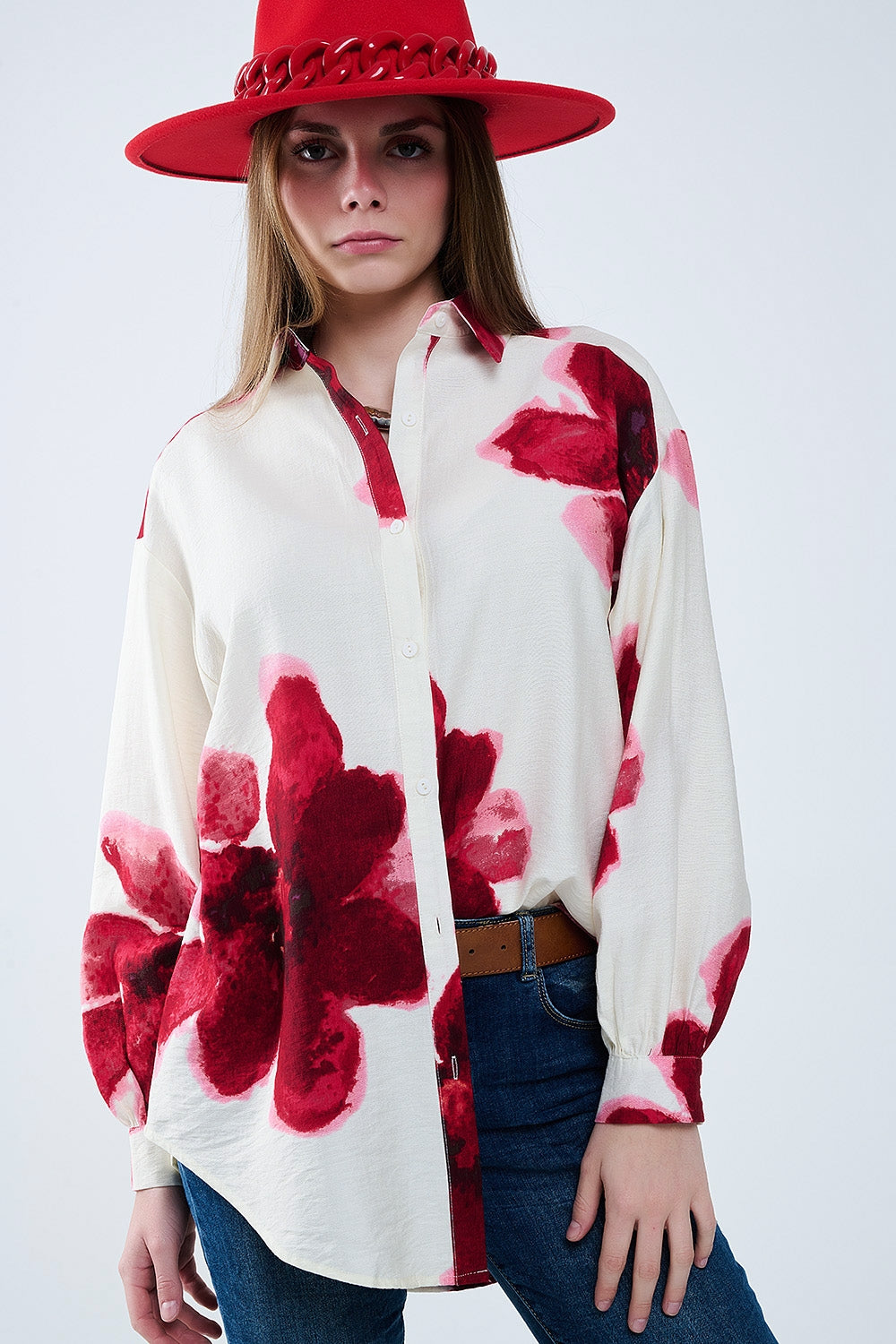Casual Beige Shirt with Red Tropical Flower Print - Perfect for Summer Outings, Beach Vacations & Boho Style