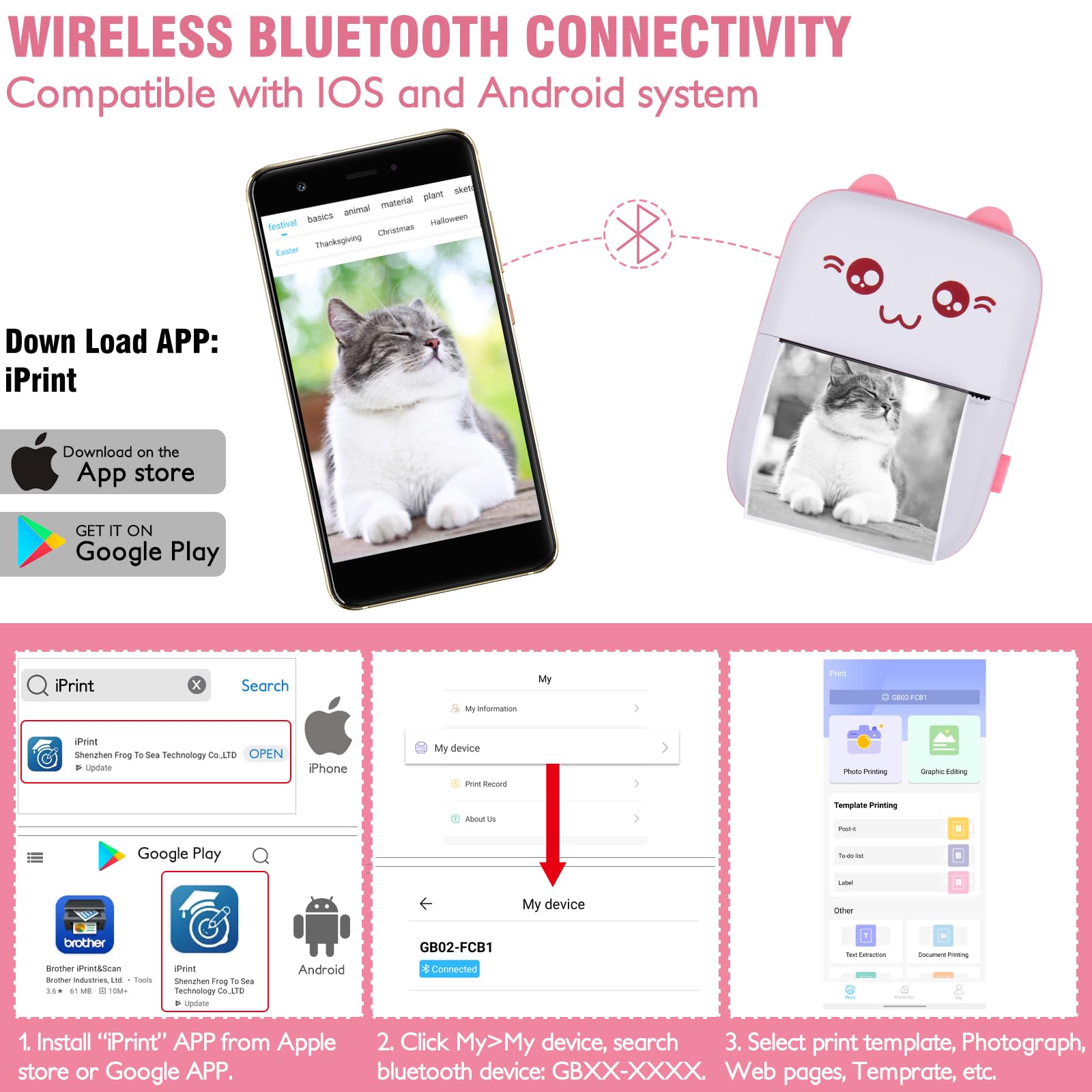 Eschen Pocket Mini Printer - Portable Wireless Thermal Printer for iOS & Android, 6 Rolls Inkless Printing Paper Included - Print Labels, Receipts, Stickers, Photos, Lists & Notes - Perfect for Home, Office, Travel & Gift Giving (Pink)
