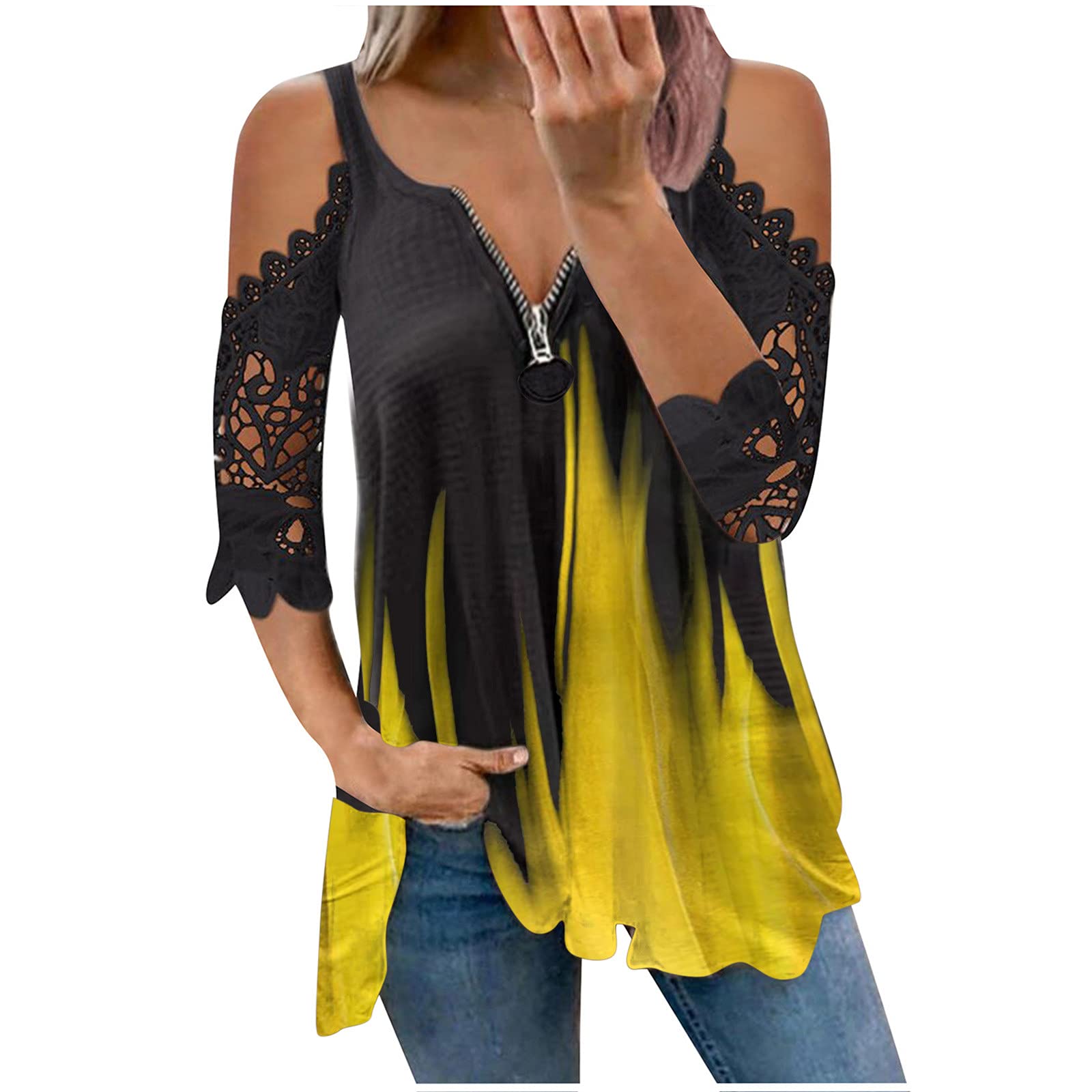 YRAETENM Women's Cold Shoulder Long Sleeve T-Shirt - Hollow Out Lace Fashion Top with Zipper Detail, Loose Blouse for Casual Wear, Date Night & Office Outfits