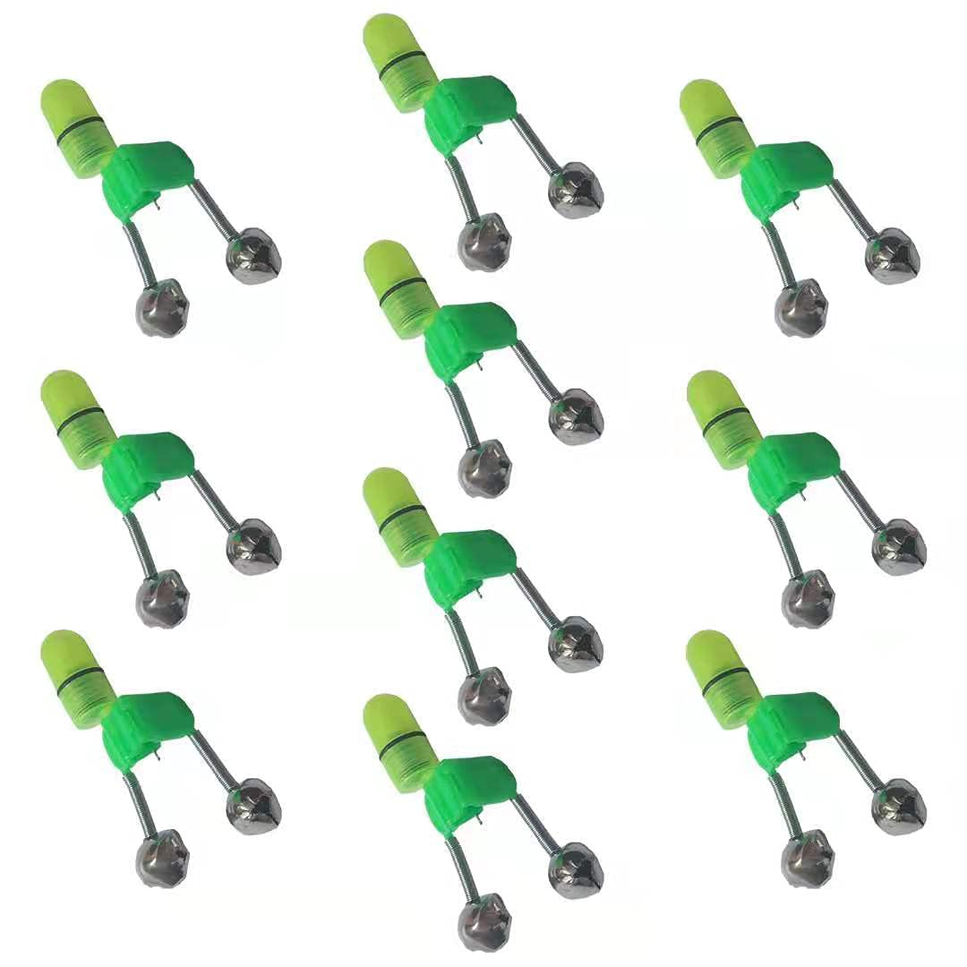 20 Pack LED Night Fishing Rod Bait Alarm - 10 Green Lights & 10 Bells Combo for Freshwater/Saltwater Fishing - Perfect for Night Fishing, Ice Fishing, and Surf Casting