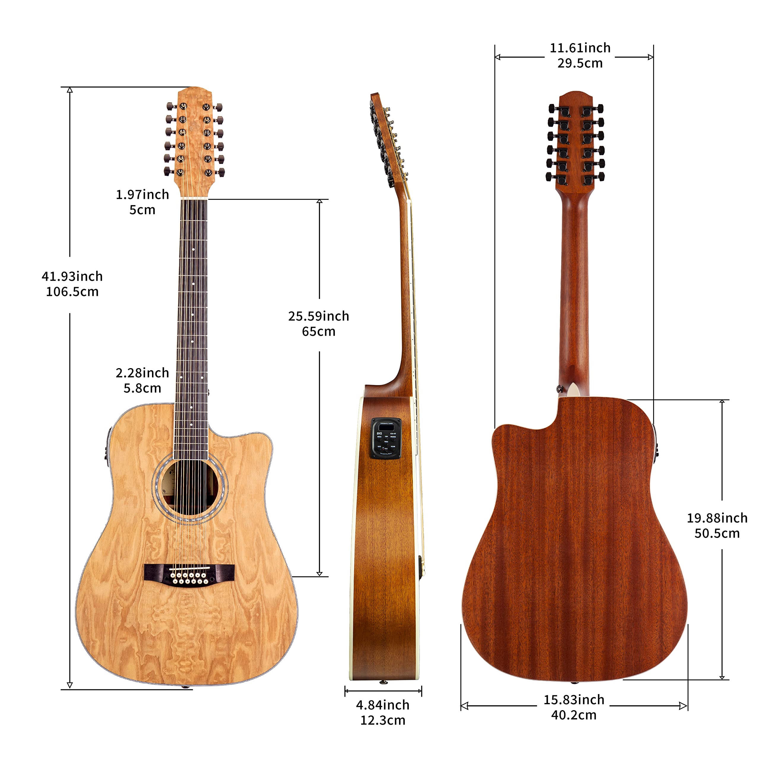 TARIO 12-String Acoustic Electric Guitar with Cutaway - Curly Ash Top, Mahogany Back & Sides, Okoume Neck - Perfect for Live Performances, Studio Recording & Traveling Musicians