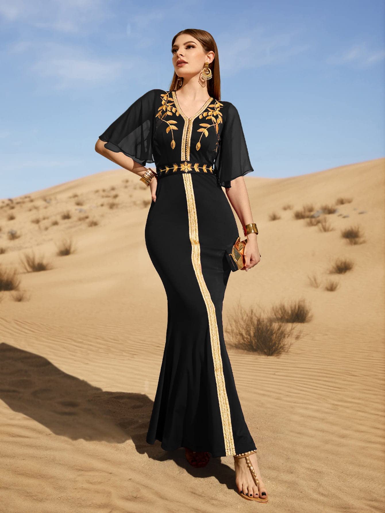 OFUNGO Women's Leaf Embroidery Maxi Dress with Contrast Tape & Butterfly Sleeves - Belted Mermaid Style (Size Small) - Perfect for Summer Weddings, Beach Vacations and Evening Parties
