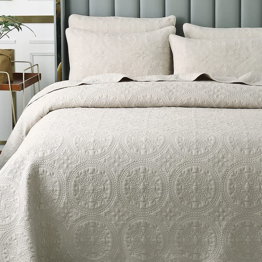 Brandream Luxury Beige Cotton Queen Size Quilted Comforter Set - 3-Piece Medallion Bedspread for Master Bedroom, Guest Room & Cozy Home Decor