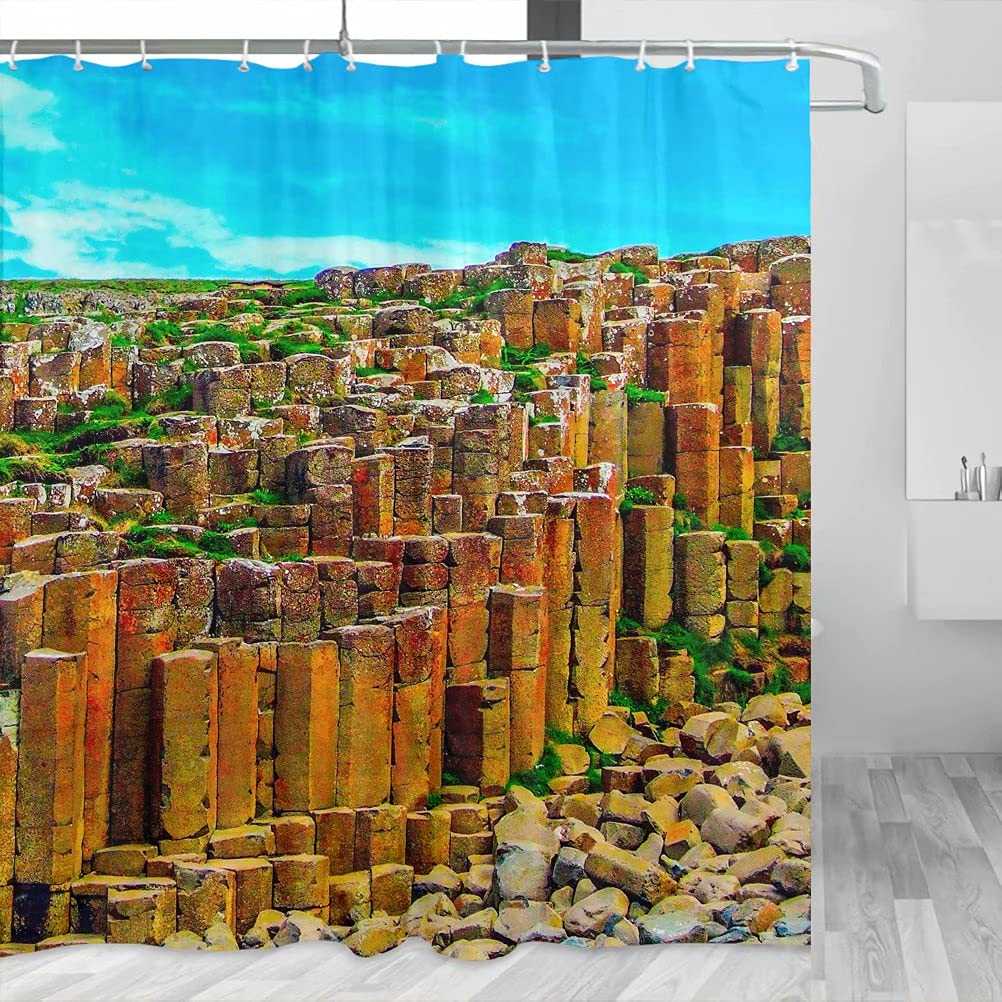 Giants Causeway Ireland Shower Curtain Set - 72x72 Inch Waterproof Polyester Bathroom Decor with Hooks - Travel Inspired Coastal Theme for Beach House, Vacation Rental or Irish Pub Style Bathroom