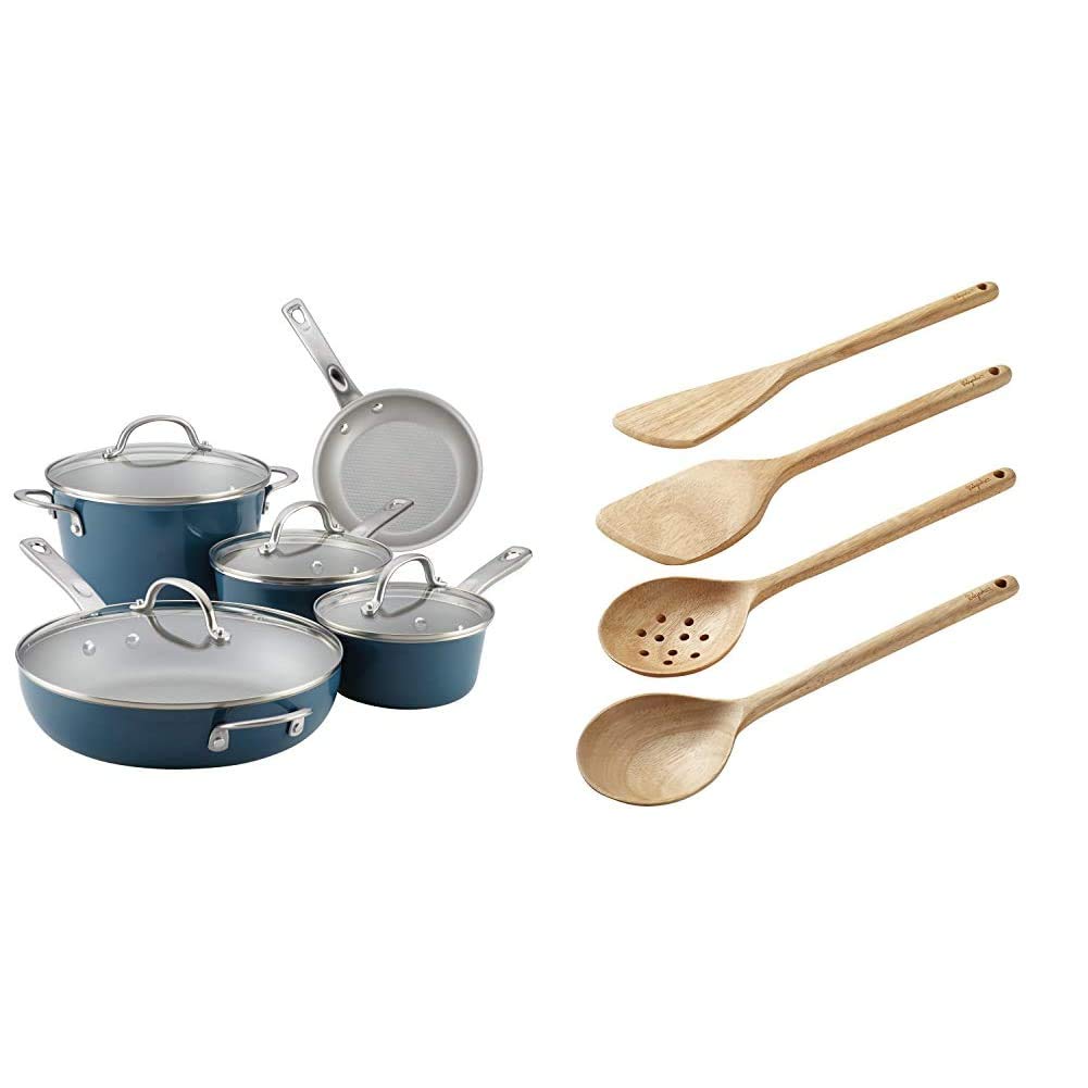 **Ayesha Curry Nonstick Cookware Set - 9-Piece Pots & Pans with Kitchen Gadgets (4-Piece Parawood Cooking Set, Pan Paddle, Multipurpose Tool, Solid & Slotted Spoon) - Brown | Perfect for Home Cooking, Baking & Entertaining**