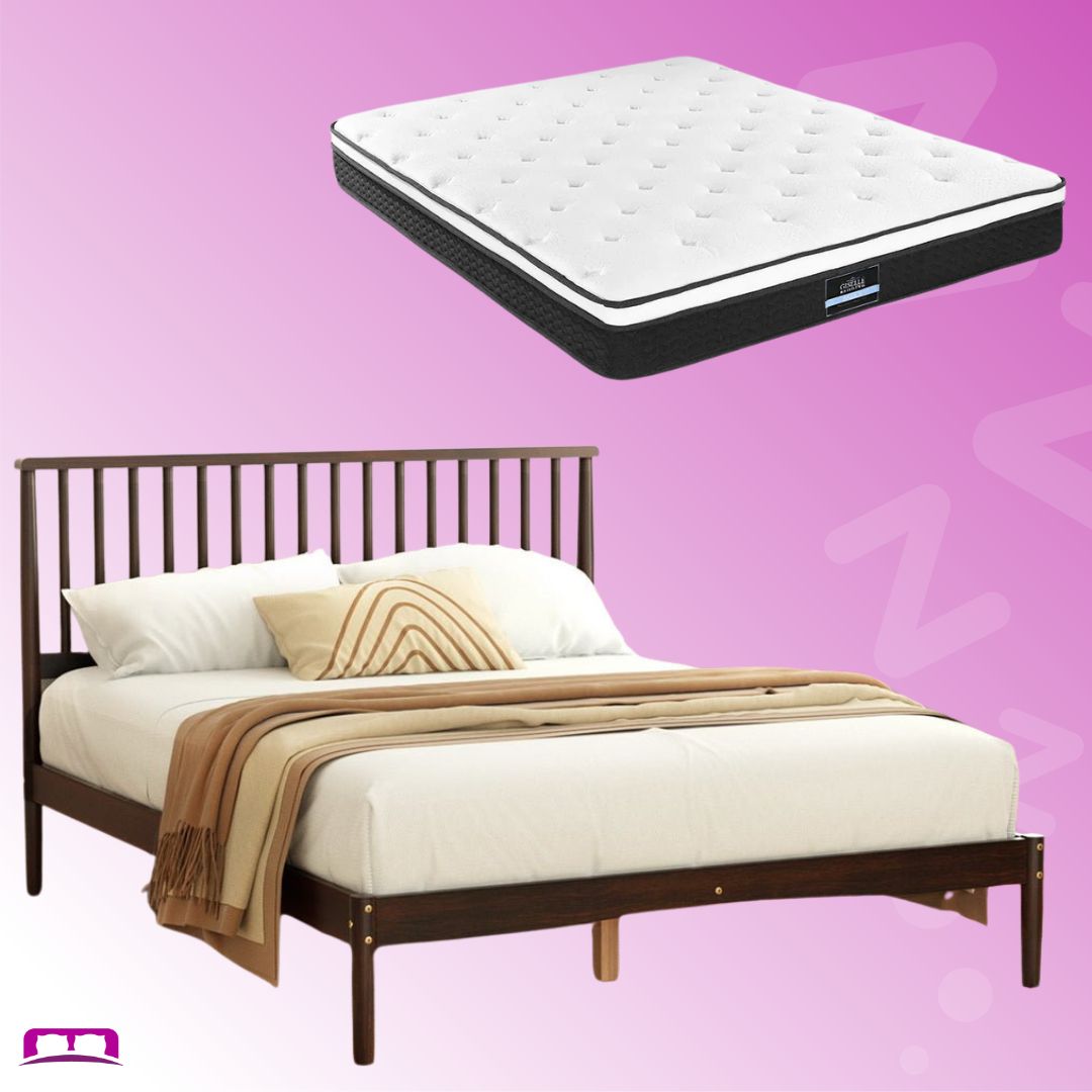 Solid Pinewood Bed Frame with Walnut Finish & Bonita Pillow Top Medium Firm Mattress - Double Package for Bedroom, Guest Room, or Dormitory