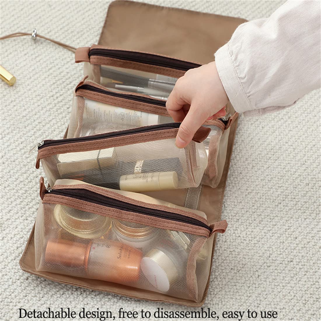 Large Waterproof Hanging Makeup Bag - Foldable Travel Cosmetic Organizer with Detachable Compartments for Toiletries (Brown) | Perfect for Travel, Gym, and Daily Organization