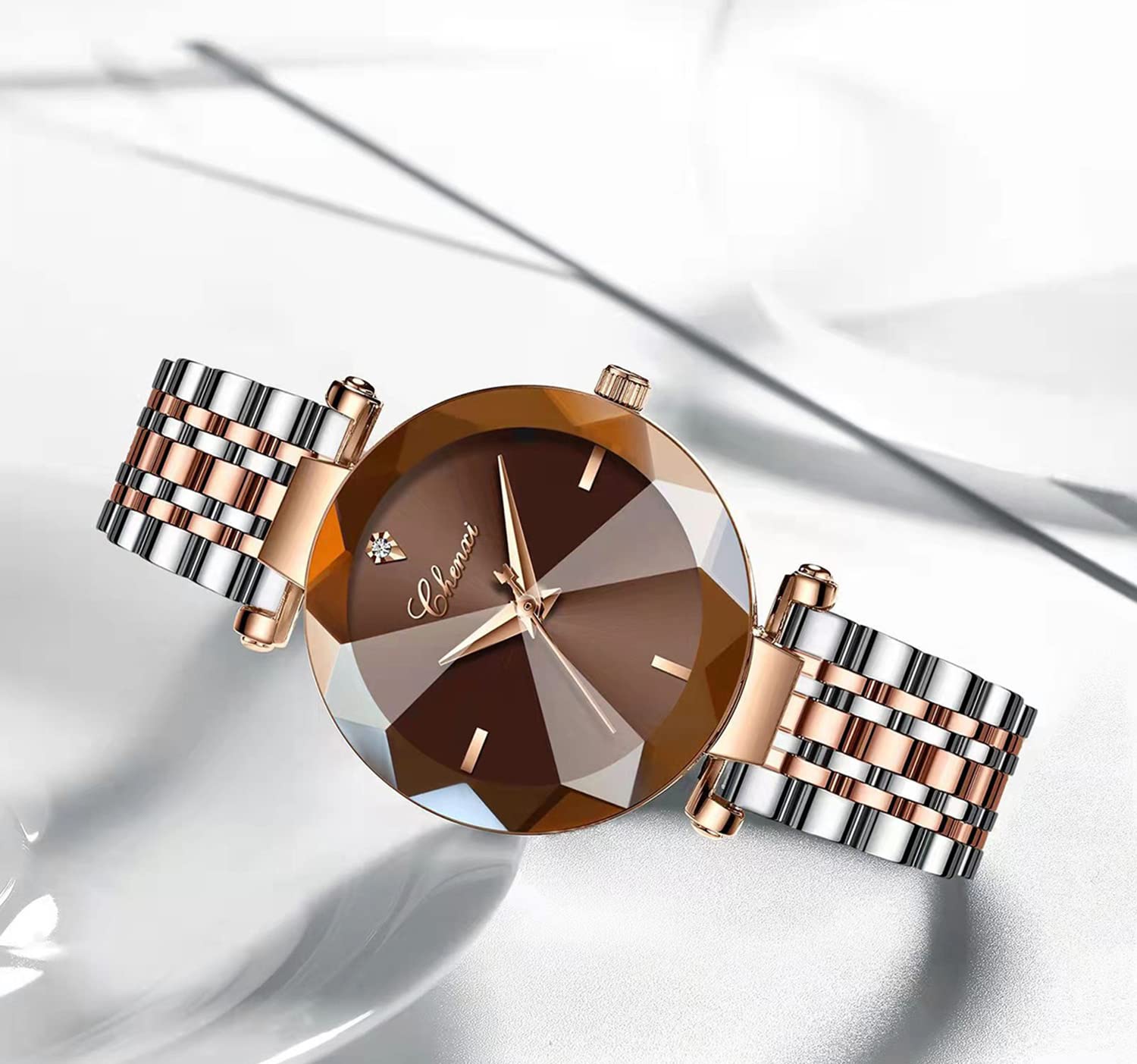 Elegant Women's Analog Quartz Watch with 3D Dial & Rose Gold Mesh Strap - Perfect for Office, Party & Everyday Wear (Brown)