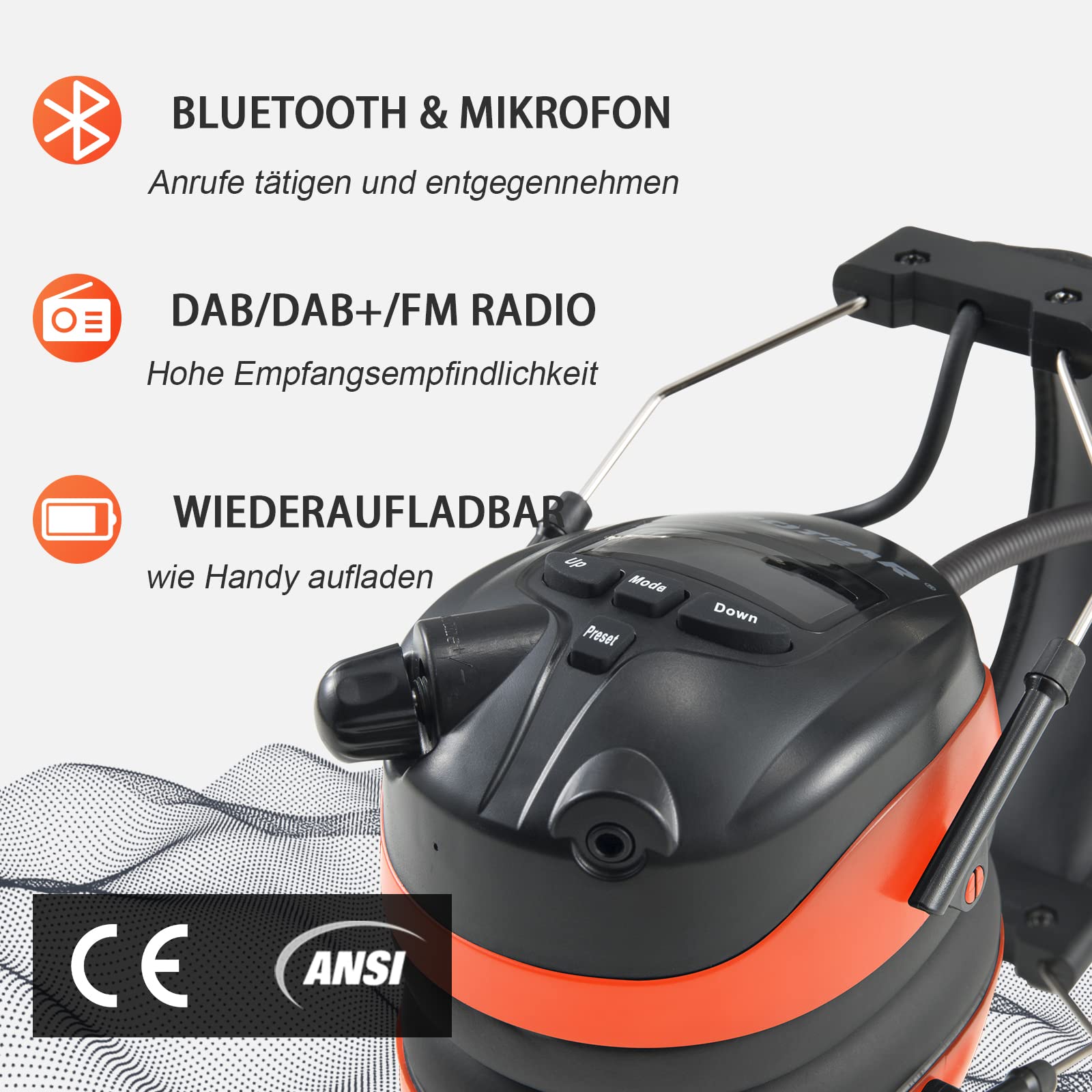 PROTEAR Wireless Noise Cancelling Headphones with DAB/DAB+/FM/Bluetooth 5.3, 30dB SNR Hearing Protection for Workshop, Gardening/Mowing - Perfect for Construction, DIY Projects & Outdoor Activities
