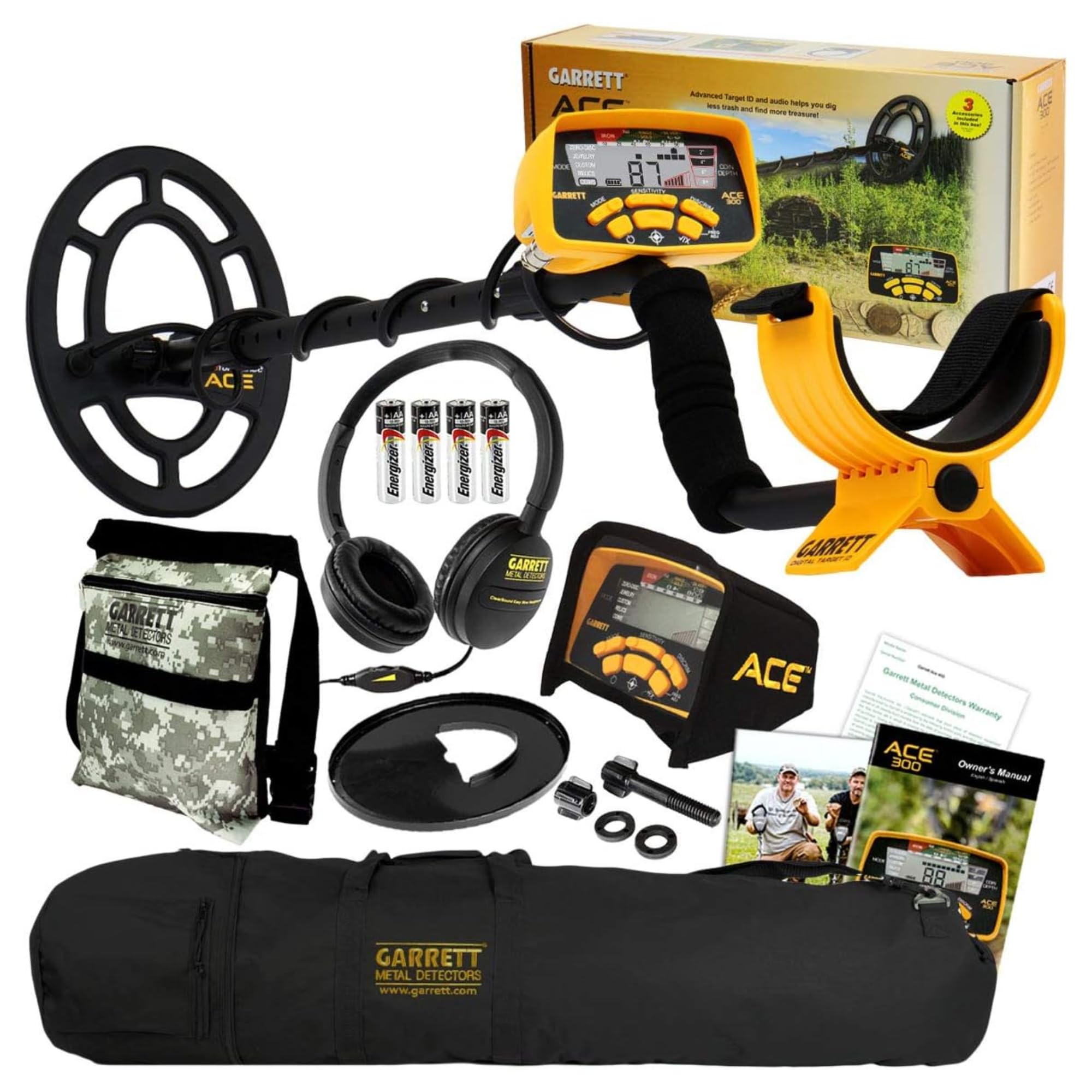 Garrett ACE 300 Metal Detector Bundle with Digital Target ID & Iron Resolution - Adjustable Frequency Metal Detector Kit Includes Carry Bag, Camo Pouch, Headphones & Searchcoil Cover - Perfect for Treasure Hunting, Beach Metal Detecting & Outdoor Adventures