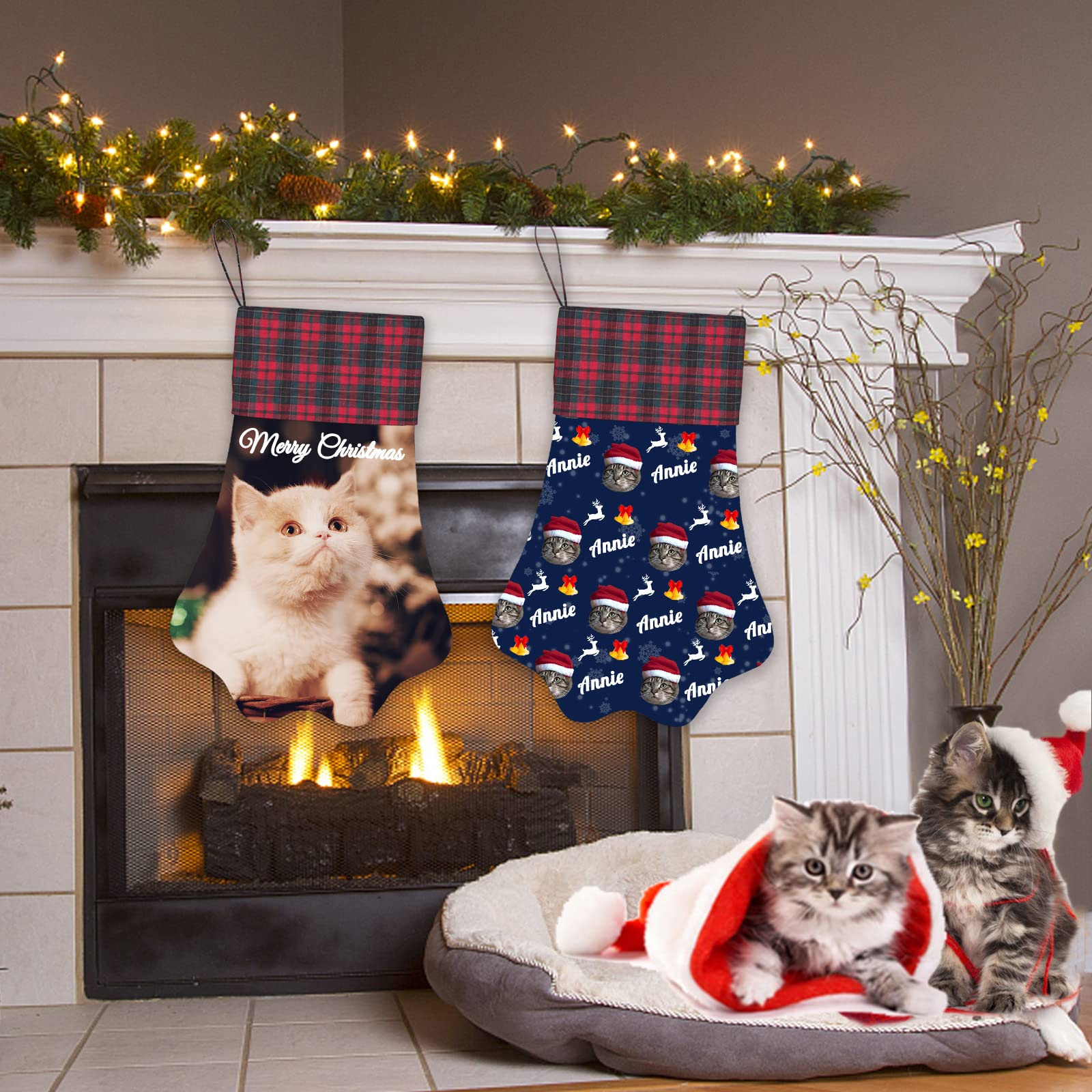 **Custom Personalized Christmas Stockings for Dogs & Cats - Large 17 Inch Paw Shape Pet Stocking with Name & Photo - Handmade Xmas Hanging Candy Bag for Holiday Decor & Gift Giving**