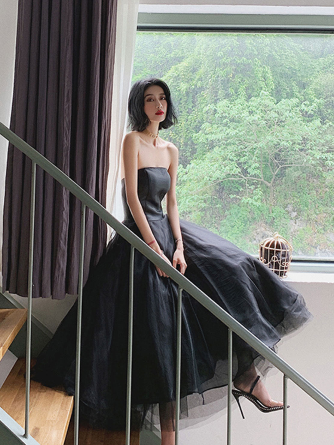 Elegant Blue Tulle Tea Length Prom Dress for Women - Flowy Homecoming Dress with Layered Skirt - Perfect for Prom Night, Homecoming Dance & Formal Events