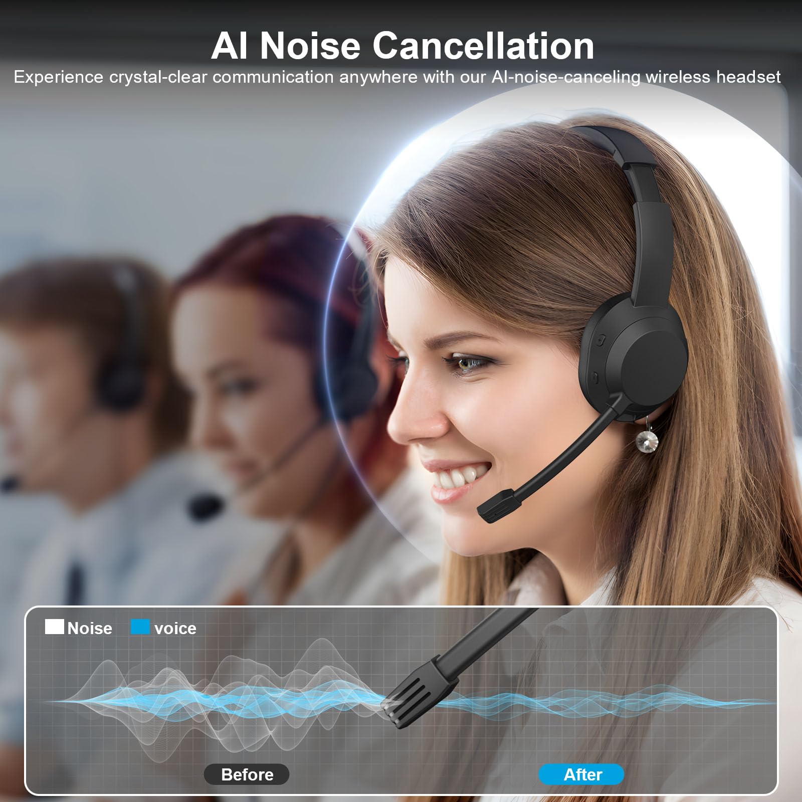 Wireless Bluetooth Headset with Noise Cancelling Mic - USB Dongle & Charging Dock for PC, Laptop, Teams, Zoom - Perfect for Call Center, Home Office & Remote Work