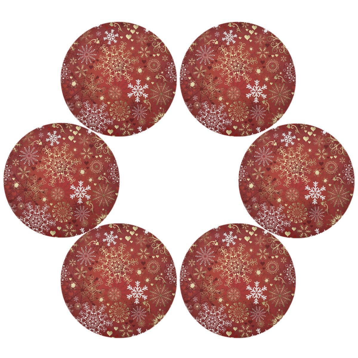 4 Pack Red and Gold Snow Christmas Round Placemats - Washable Farmhouse Style Dining Table Mats for Kitchen, Indoor & Outdoor Use - Perfect for Holiday Parties, Family Gatherings and Festive Decorations