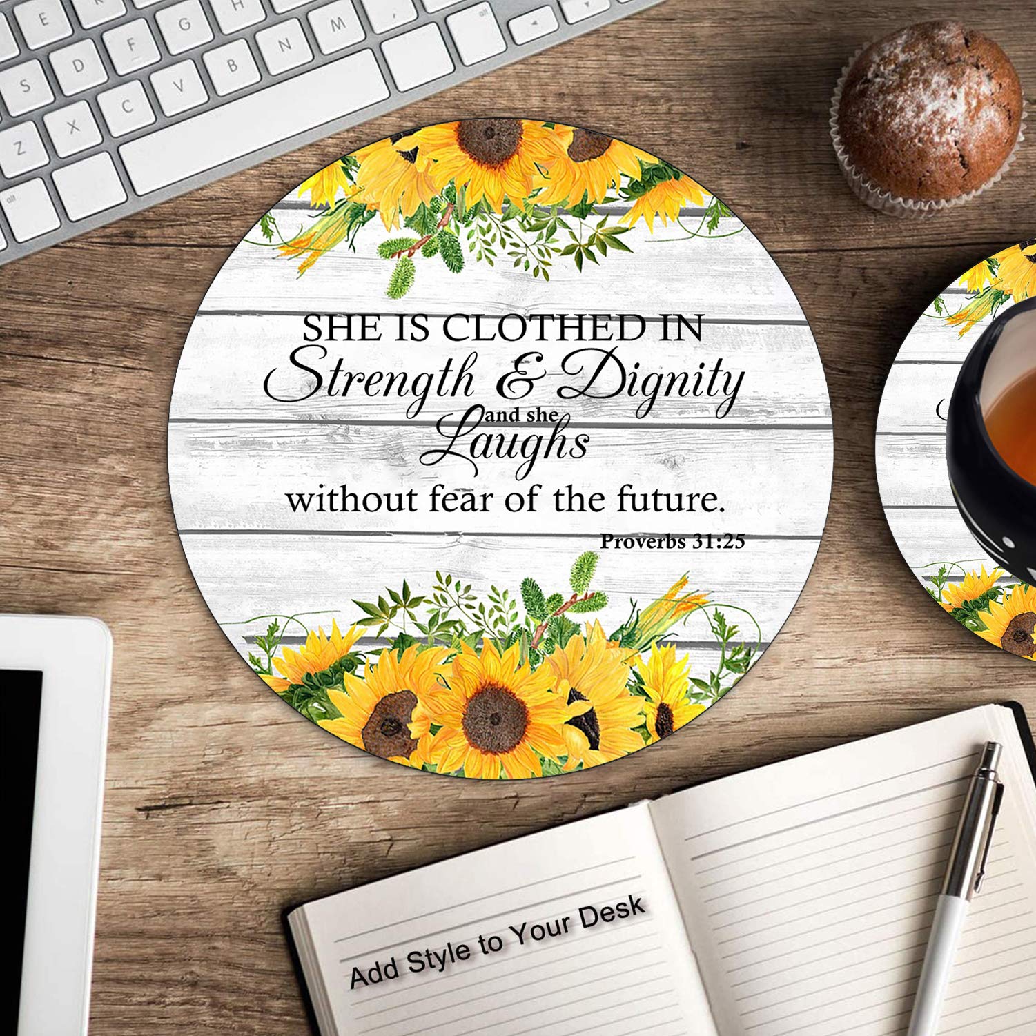 Round Mouse Pad and Coasters Set - Proverbs 31:25 Sunflower Yellow Watercolor Floral Design, Non-Slip Rubber Base for Computer Desk | Perfect for Office, Home & Gift Giving