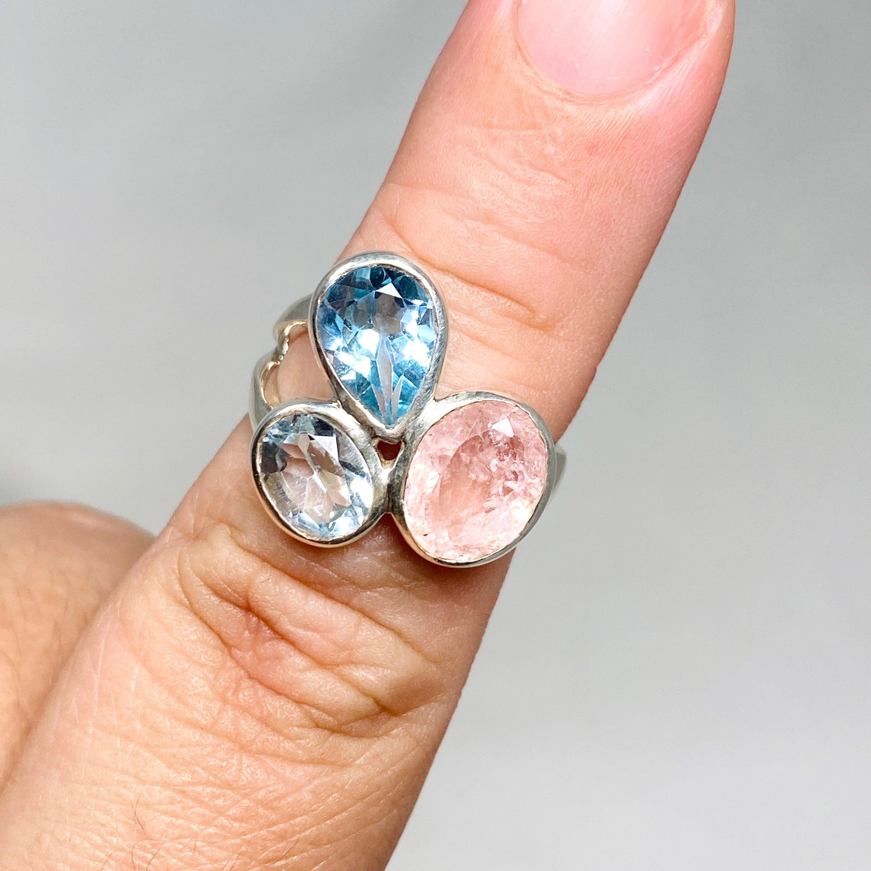 Morganite & Blue Topaz Faceted Multi-Stone Ring - Size 7 | Elegant Birthstone Jewelry for Women | Perfect for Anniversaries, Engagements & Special Occasions