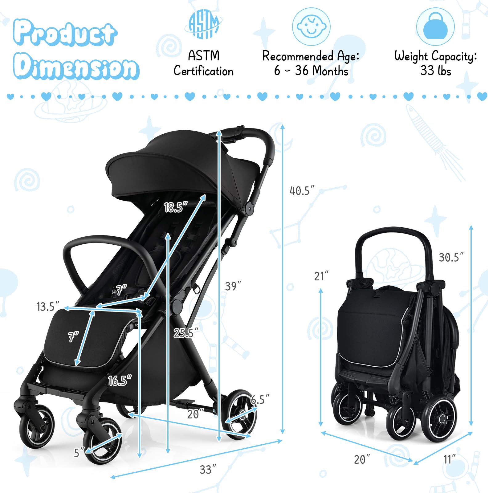 **HONEY JOY Lightweight Baby Stroller - Compact Travel Stroller for Airplane, Fits Cabin & Overhead Bins | One-Hand Gravity Fold, Self-Standing Toddler Stroller with Adjustable Backrest & Canopy (Black) | Perfect for Air Travel, Shopping, and Daily Walks**
