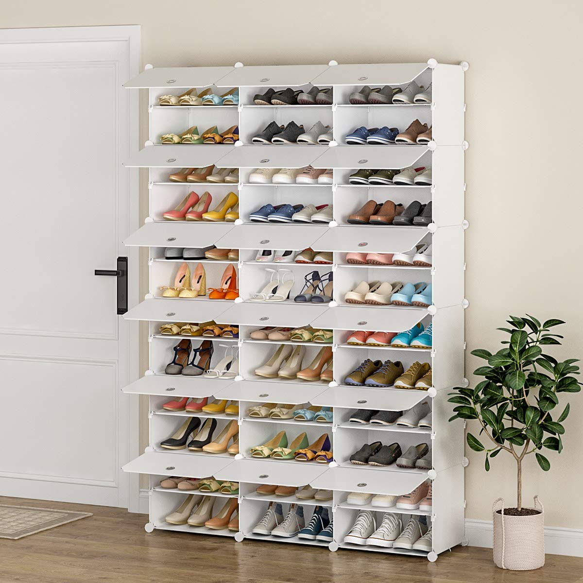 KOUSI 36 Grids Expandable Shoe Rack Organizer - Portable Tower Shelf Storage Cabinet for Heels, Boots, Slippers - White - Perfect for Closet, Entryway, Dorm Room Organization