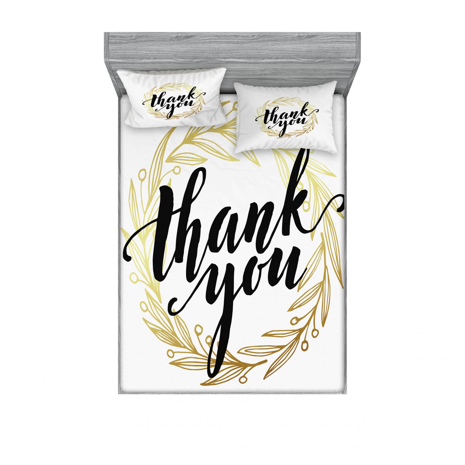 Ambesonne Modern 2-Pack Queen Size Fitted Sheet & Pillow Sham Set - Thank You Words Leaves Design - 4-Piece Bedding Set (2 Fitted Sheets + 4 Pillow Covers) - Yellow and Black - Perfect for Guest Rooms, Dorm Decor, and Seasonal Home Decorating