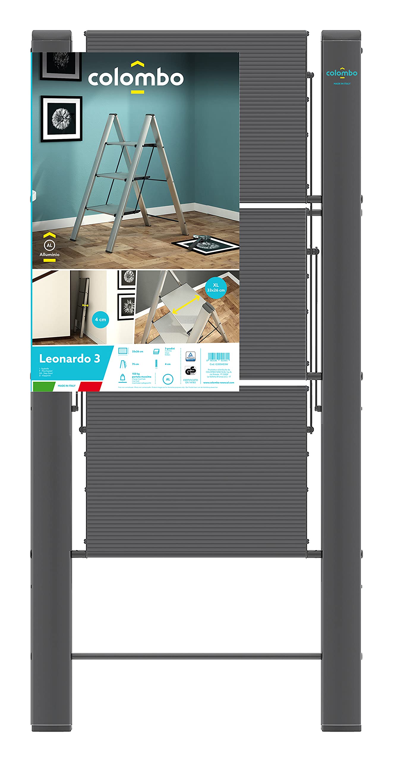 Colombo Leonardo 3 - Anodized Aluminum Step Ladder, 3 Steps, 150kg Max Load, Black - Perfect for Home, Garage & Workshop Use
