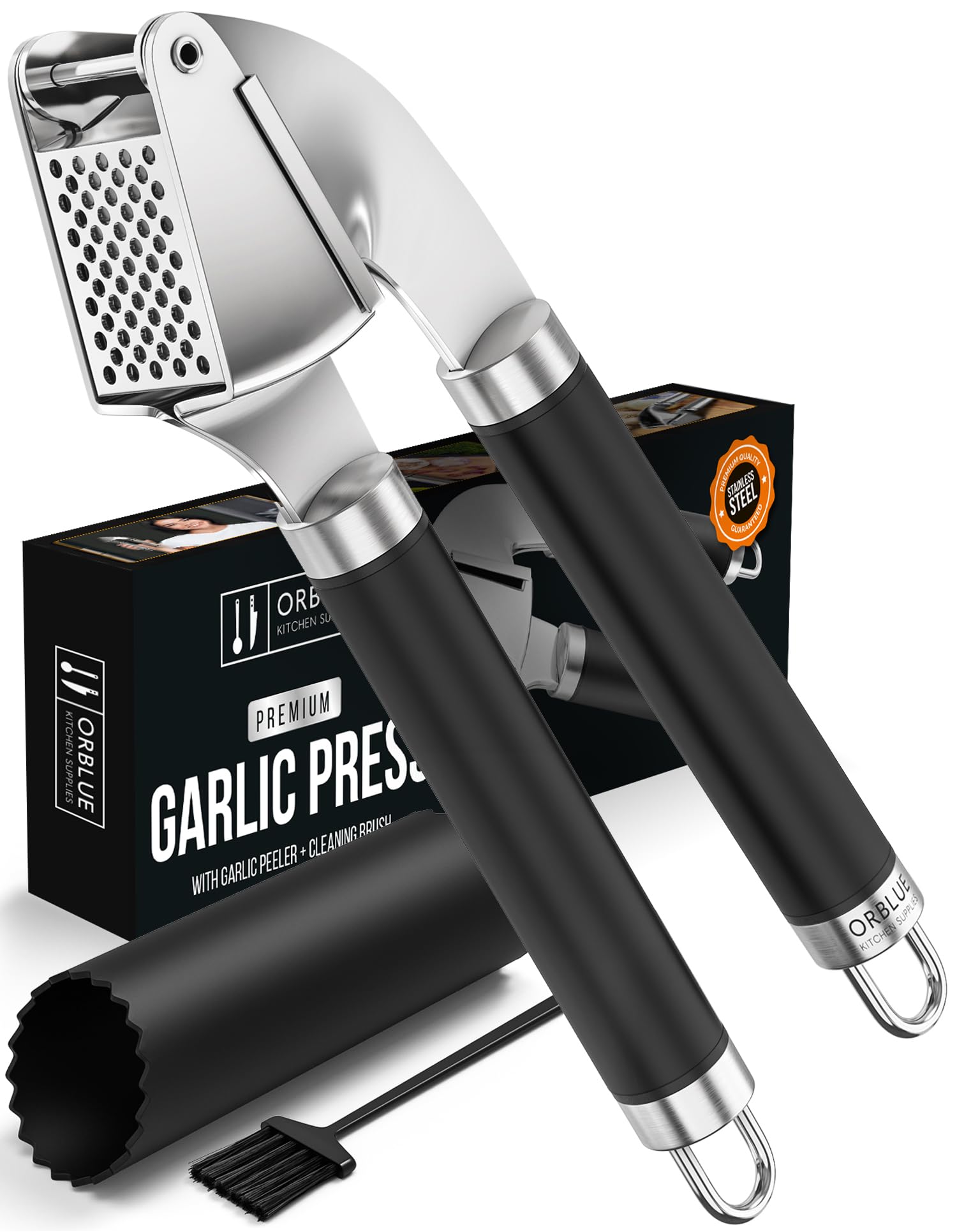 Premium Stainless Steel Garlic Press - Professional Garlic Mincer, Crusher & Peeler Set - Easy Clean, Dishwasher Safe & Rust-proof - Perfect for Cooking, Meal Prep & Restaurants - ORBLUE Black