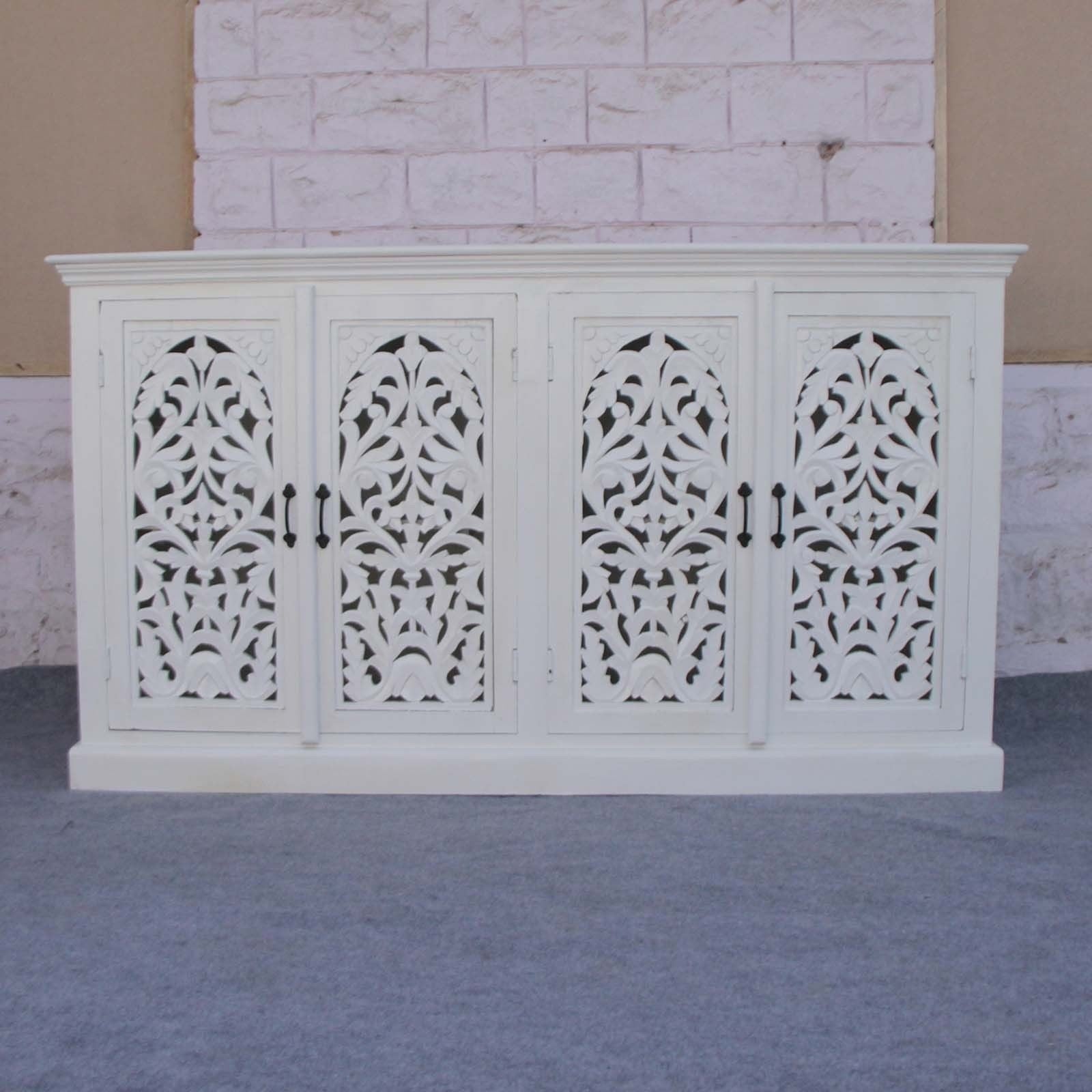 Hand Carved White Floral Jali Design Sideboard 160cm - Elegant Storage Solution for Living Room, Dining Room & Entryway