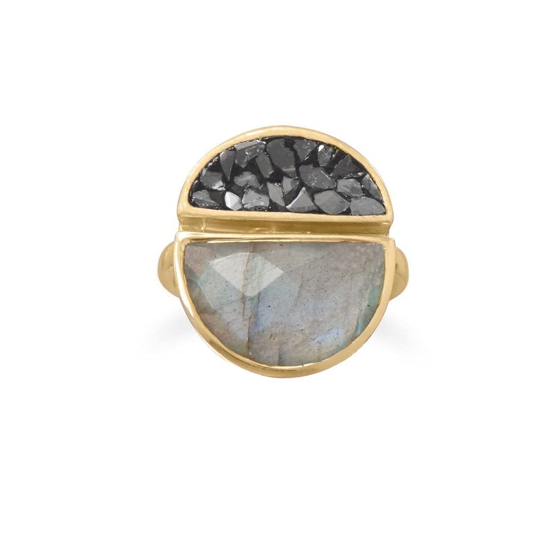 14K Gold Plated 925 Sterling Silver Labradorite & Diamond Chips Ring - 17.5mm x 20.6mm, 10mm x 16mm - Elegant Jewelry Gift for Women, Girlfriend, Wife - Available in Sizes 6, 7, 8, 9, 10 - Perfect for Anniversary, Birthday, Valentine's Day & Special Occasions