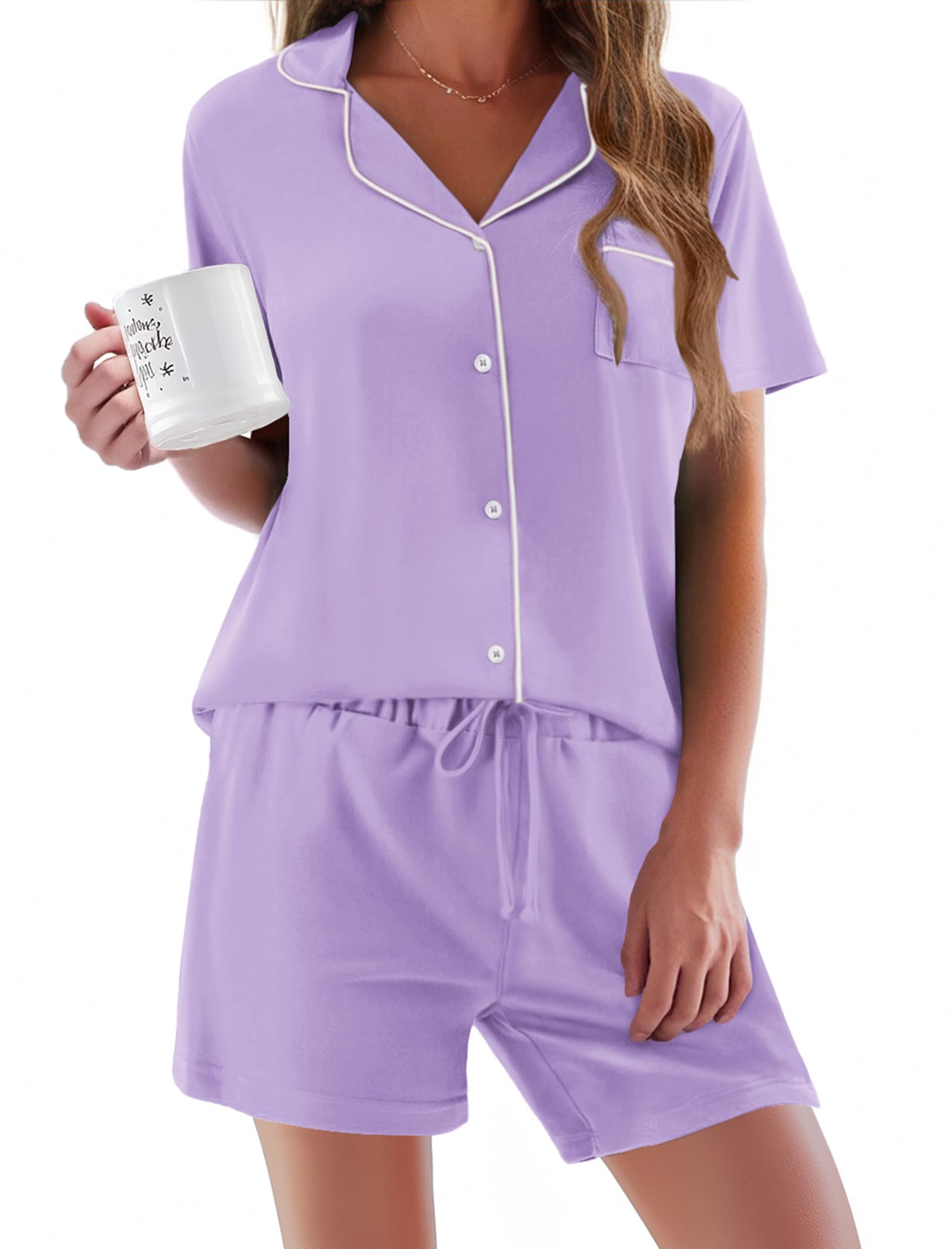 Ekouaer Women's Soft Short Sleeve Pajama Set - 2 Piece Button Down Sleepwear & Lounge Outfit for Comfortable Nightwear, Relaxing at Home, and Cozy Weekends