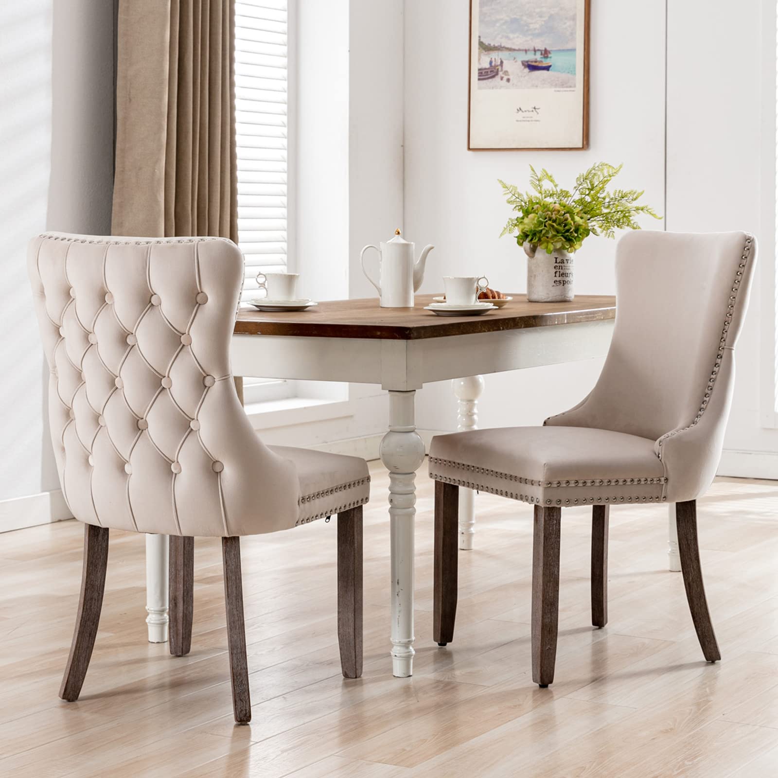 Velvet Dining Chairs Set of 2 - Upholstered Tufted Modern Kitchen Chairs with Nailhead Trim & Tall Back - Comfortable Accent Side Chairs for Dining Room, Bedroom, Office (Beige) - Perfect for Home Decor, Entertaining Guests & Small Space Dining