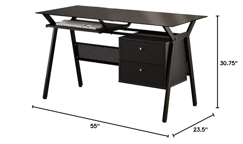Modern Black & Chrome Wooden 2-Drawer Computer Desk - Home Office Workstation for Small Spaces, Gaming & Study